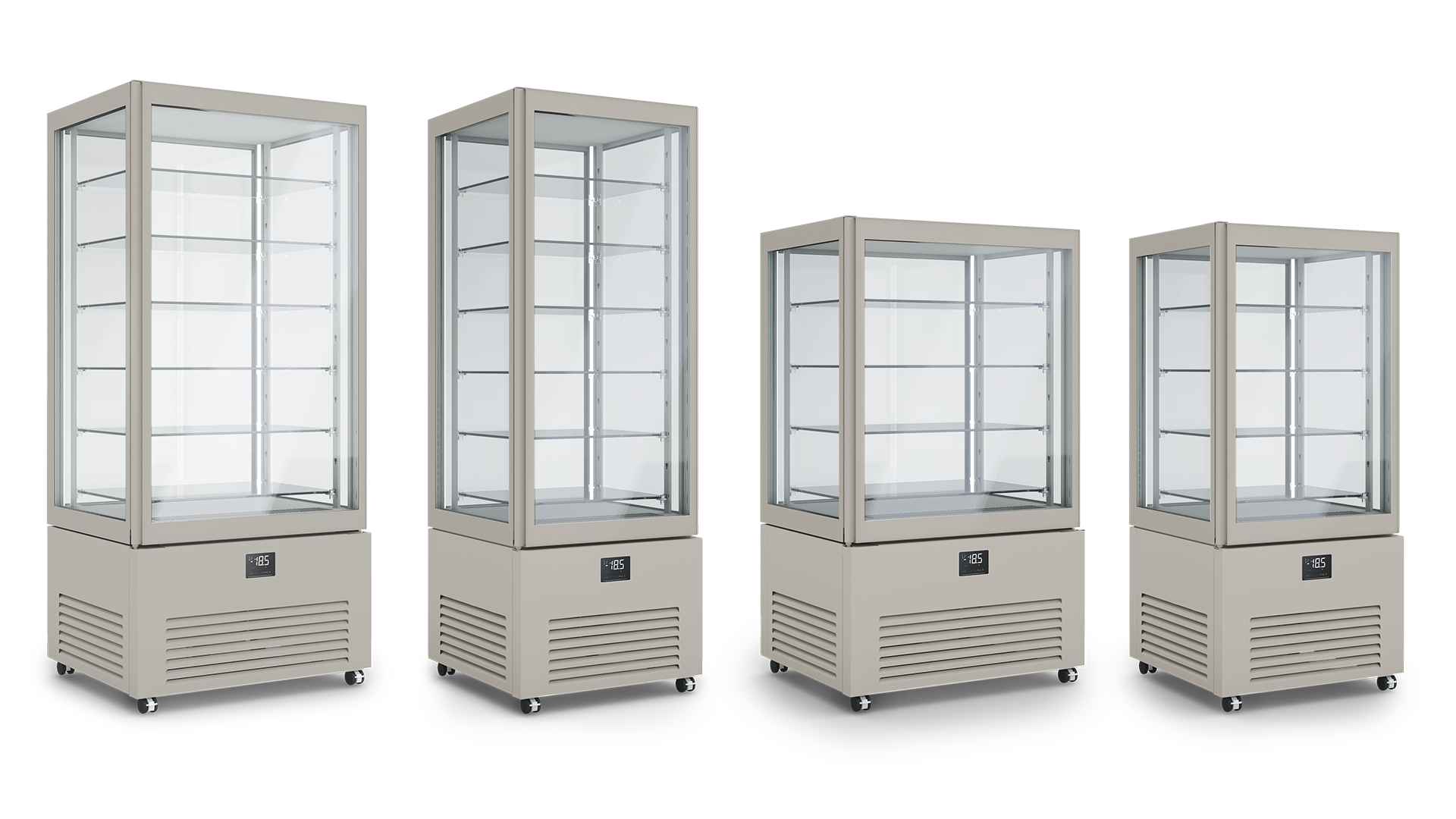 Verticale refrigerato K2 in quattro dimensioni, colore Grigio seta RAL 7044, con funzionalità dual temperature.