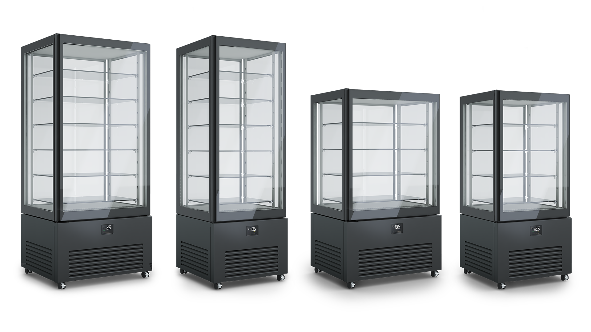 Verticale refrigerato K2 in quattro dimensioni, colore nero RAL 9005, con funzionalità dual temperature.