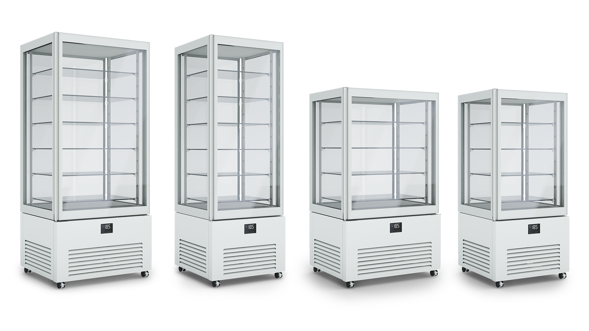 Verticale refrigerato K2 in quattro dimensioni, colore bianco puro RAL 9010, con funzionalità dual temperature.