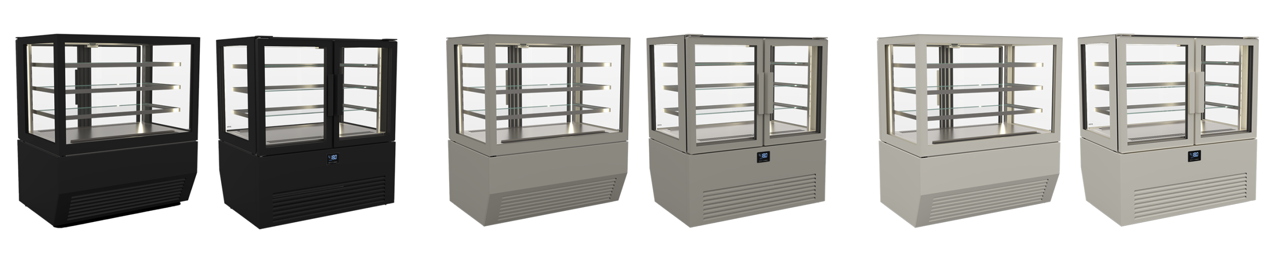 Vetrina refrigerata espositiva professionale SO1 Dual Temperature (1200 mm), con doppia anta, nei colori RAL 9005 Nero, RAL 7044 Grigio Seta e RAL 9010 Bianco Puro. Ideale per pasticceria e gelateria.
