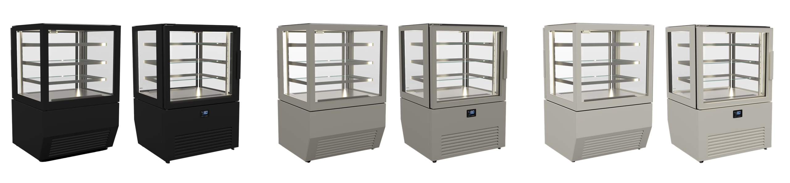 Vetrina refrigerata professionale SO1 Dual Temperature (900 mm) per pasticceria e gelateria, mostrata nei colori RAL 9005 Nero, RAL 7044 Grigio Seta e RAL 9010 Bianco Puro.