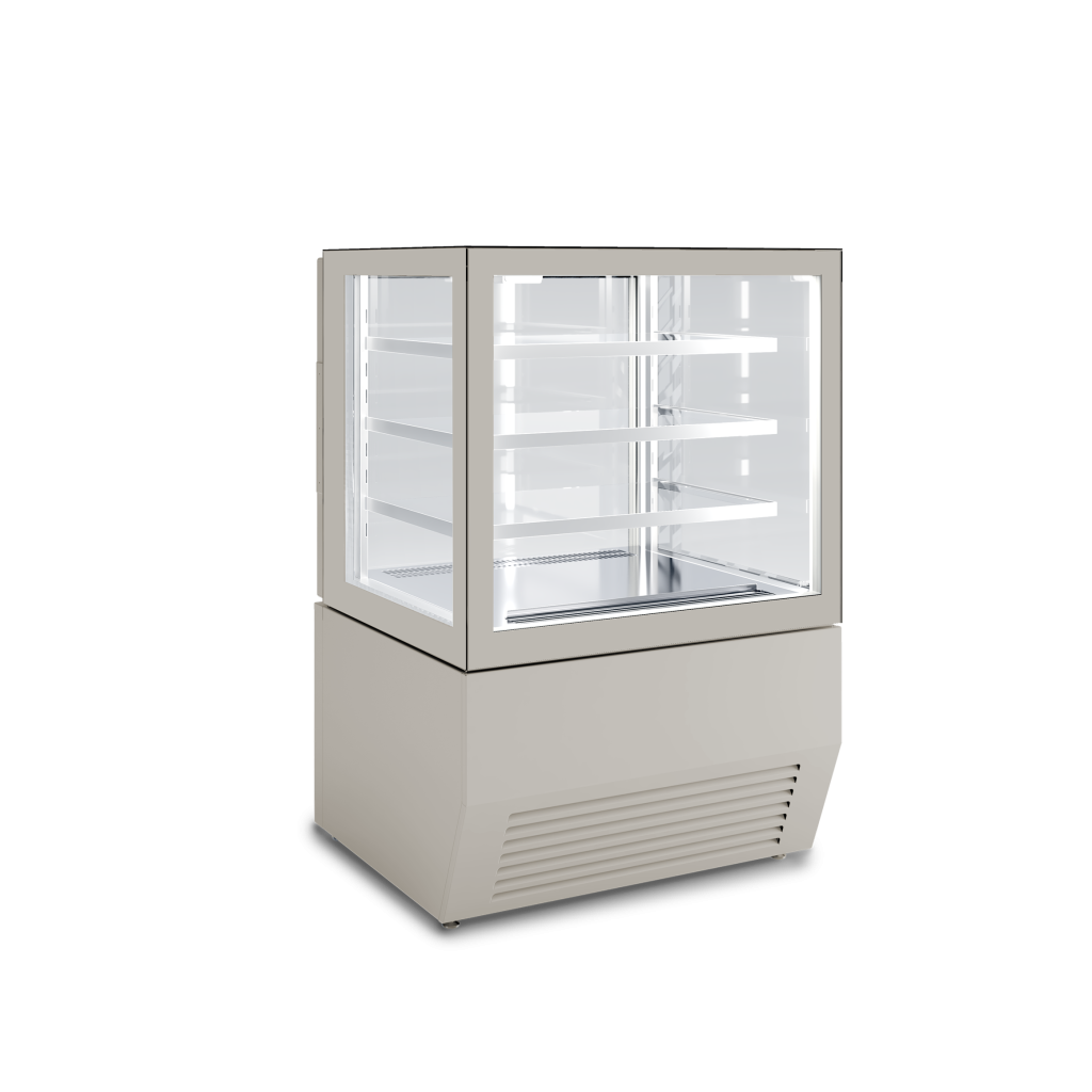 osizione prodotti freschi di pasticceria e gastronomia, ampia superficie espositiva, vetro temperato, illuminazione interna. Vista lato cliente, colore RAL 7044 GRIGIO SETA