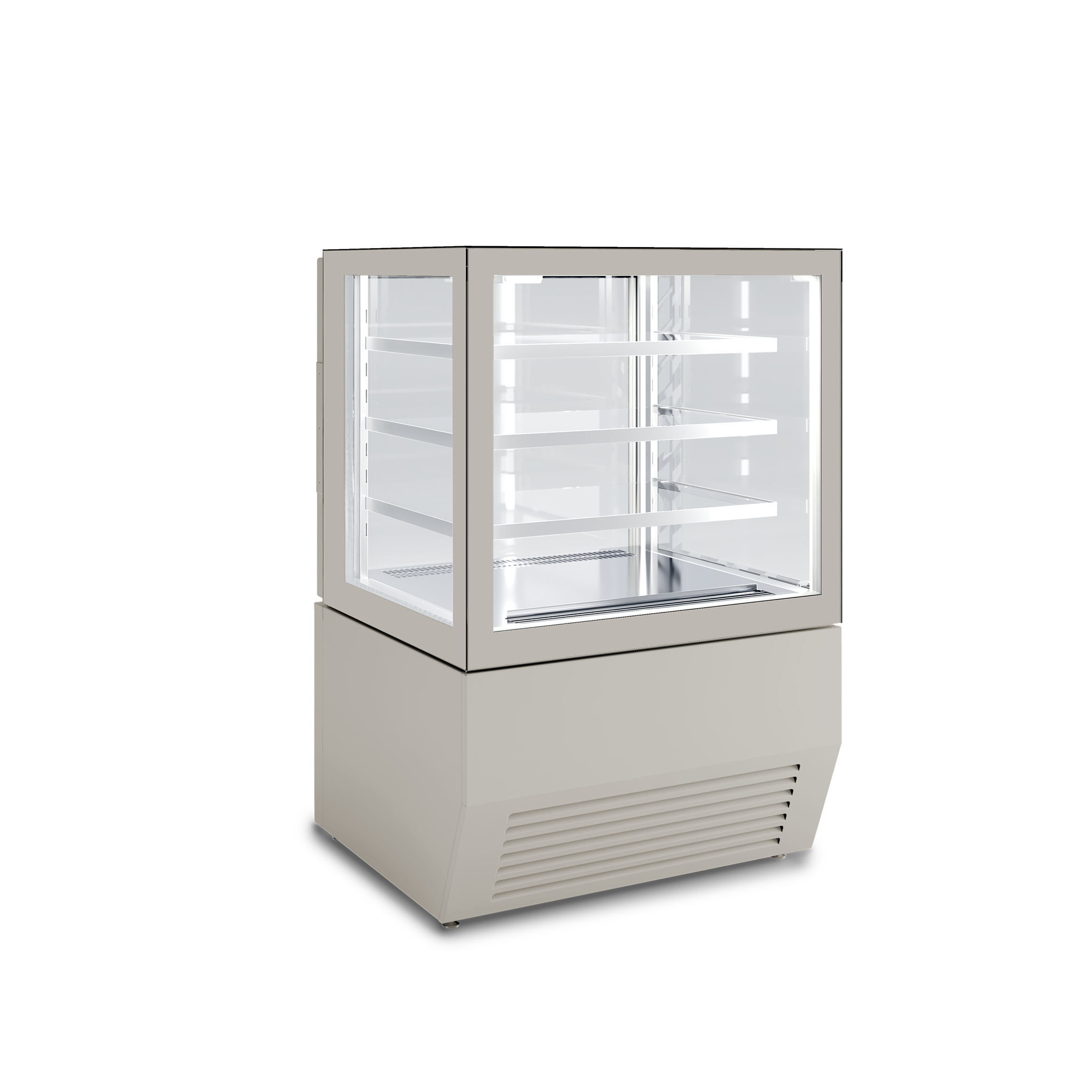 osizione prodotti freschi di pasticceria e gastronomia, ampia superficie espositiva, vetro temperato, illuminazione interna. Vista lato cliente, colore RAL 7044 GRIGIO SETA