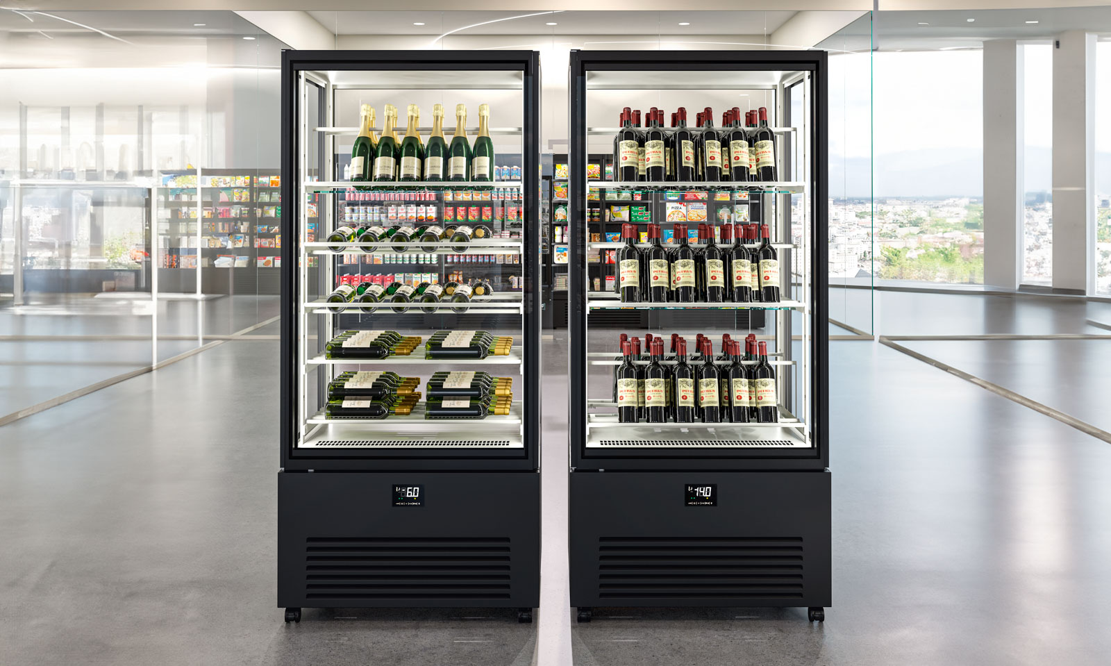 Armadio refrigerato verticale K2 predisposto con l'assetto vini. Perfetto per esporre e conservare perfettamente ogni tipologia di vino, valorizzandole con un design elegante, illuminazione interna e appositi ripiani.