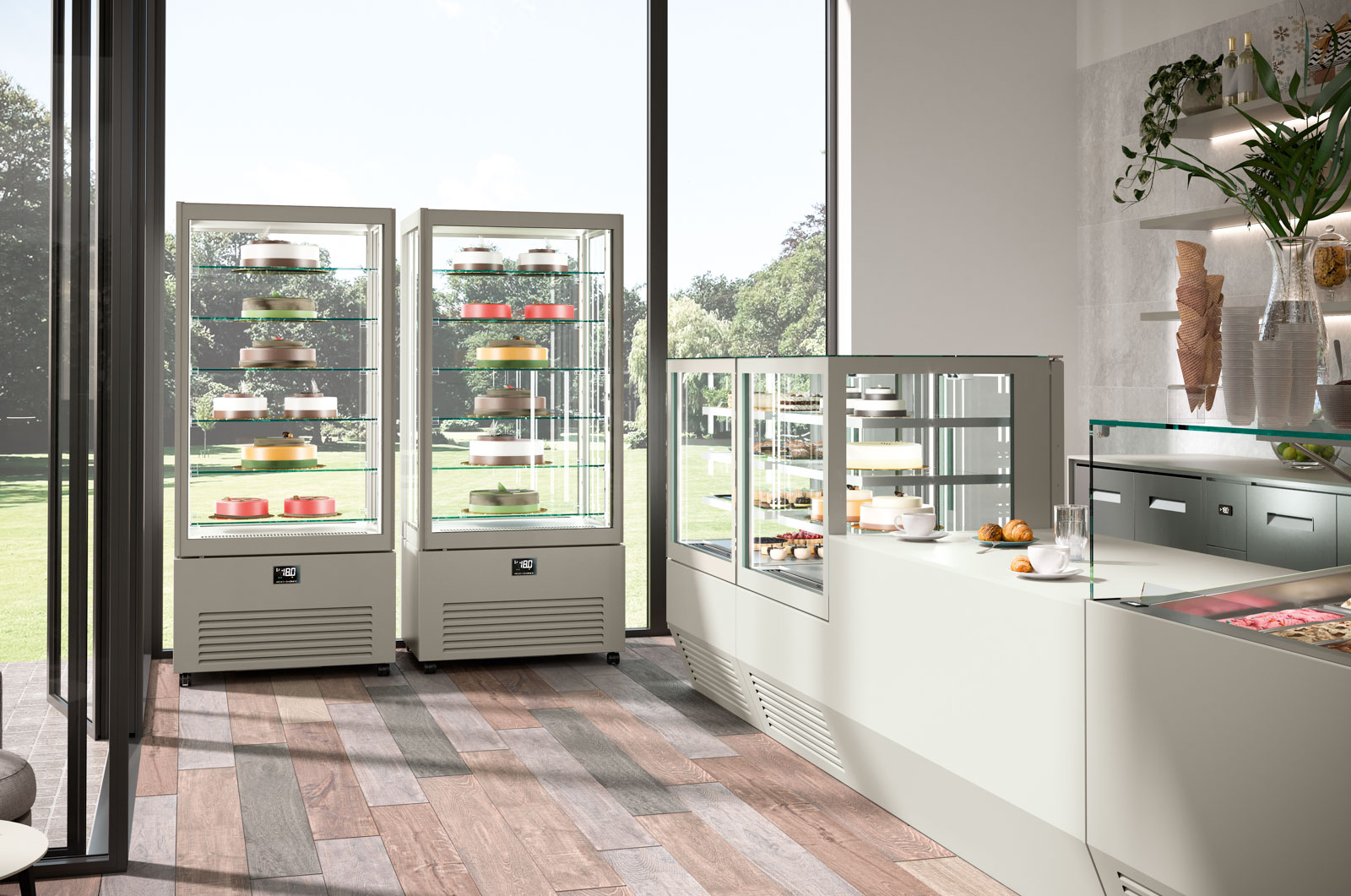 Render di due K2 per pasticceria a doppia temperatura, ambientati all'interno di una pasticceria.