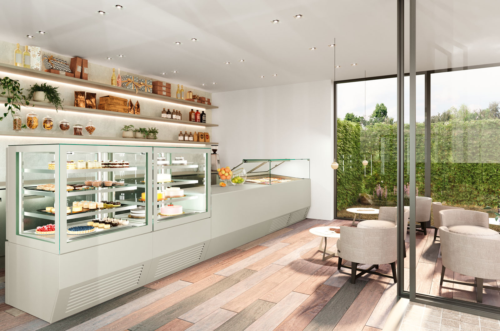 Render ambientato di una gelateria pasticceria arredato con i vetrine refrigerate PRIMA
