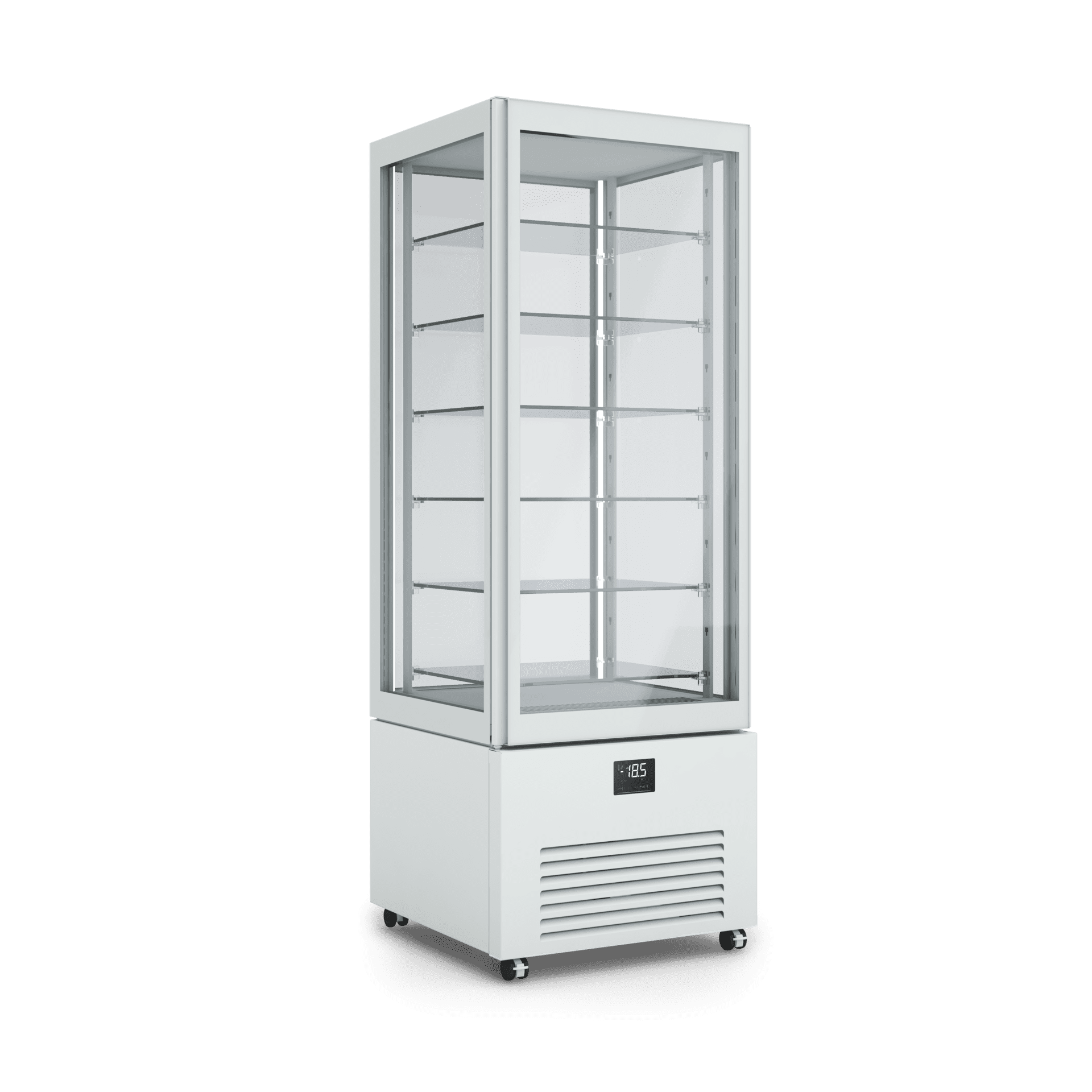 Armadio refrigerato verticale K2 per esposizione prodotti freschi, design elegante, illuminazione interna, ripiani regolabili. Dimensioni 700x700x1980h RAL7044 GESSO