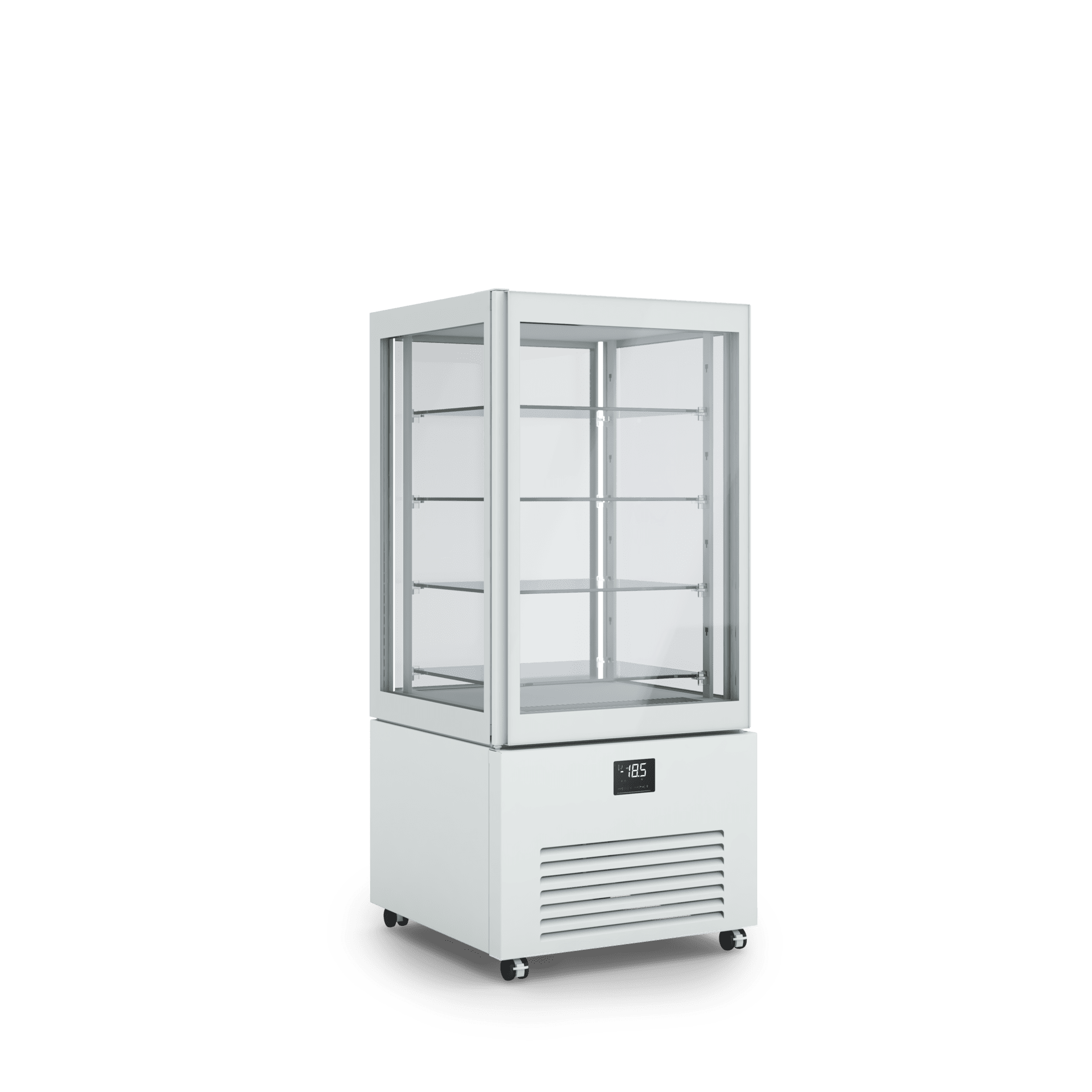 Armadio refrigerato verticale K2 per esposizione prodotti freschi, design elegante, illuminazione interna, ripiani regolabili. Dimensioni 700x700x1550h RAL7044 GESSO