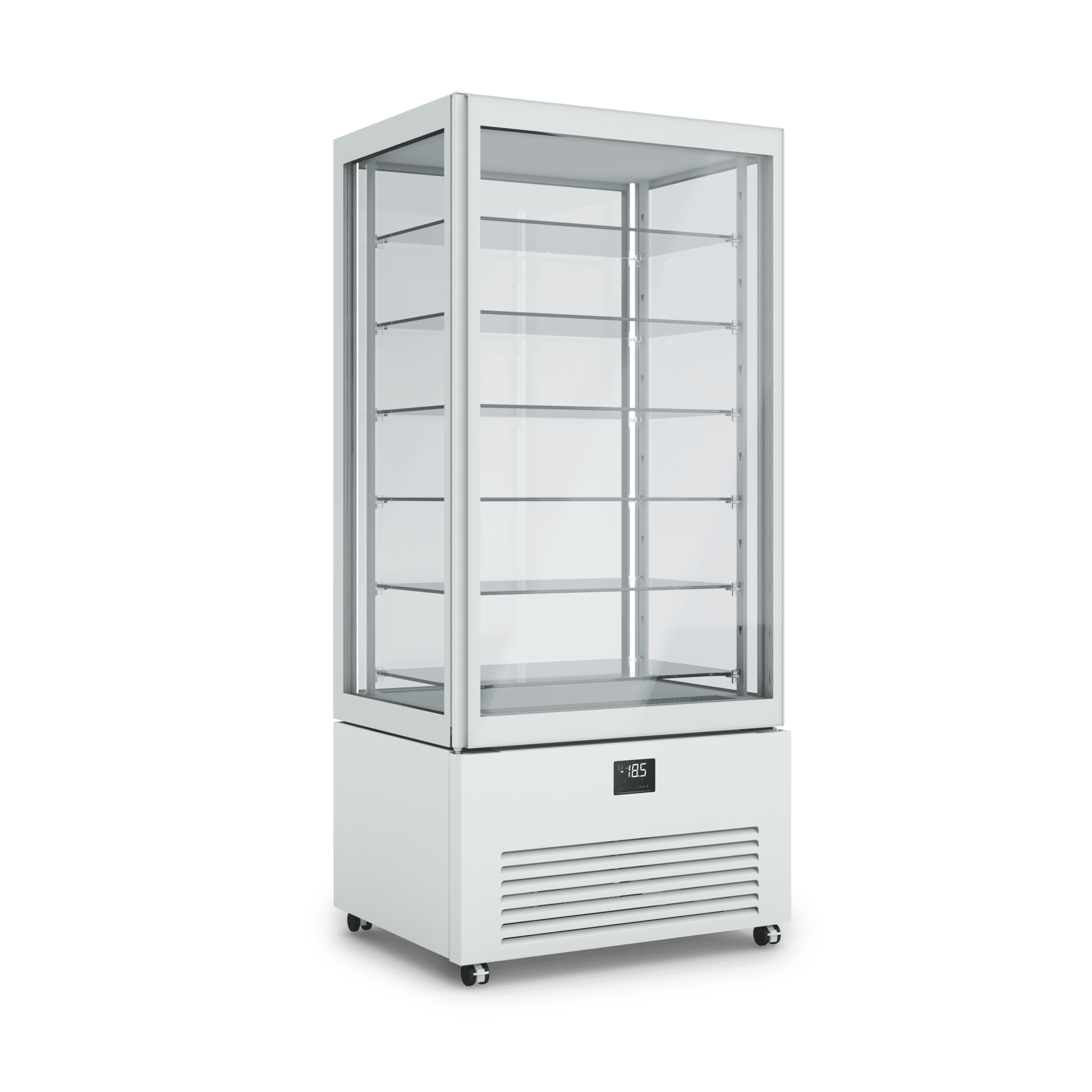 Armadio refrigerato verticale K2 per esposizione prodotti freschi, design elegante, illuminazione interna, ripiani regolabili. Dimensioni 900x700x1980h RAL7044 GESSO