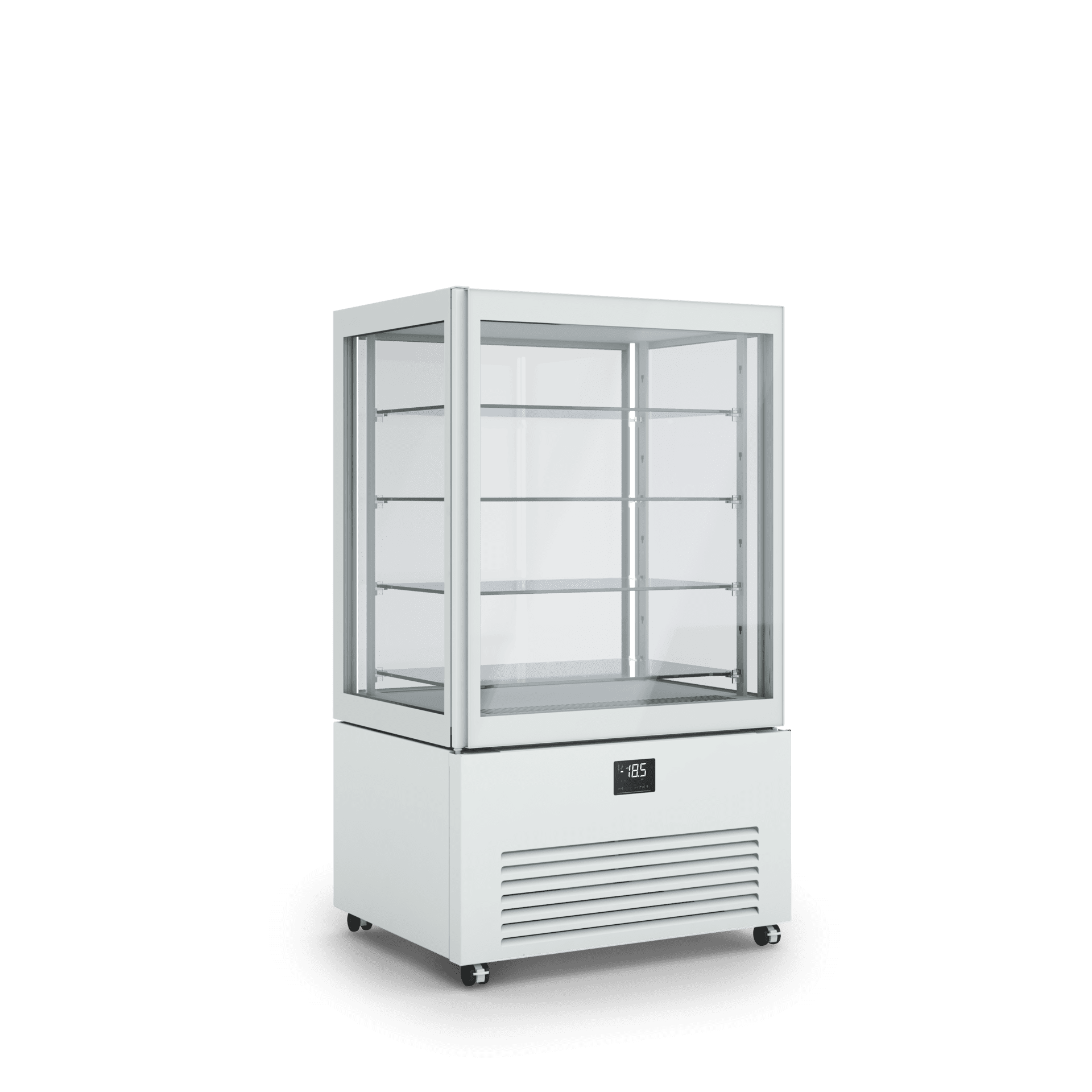 Armadio refrigerato verticale K2 per esposizione prodotti freschi, design elegante, illuminazione interna, ripiani regolabili. Dimensioni 900x700x1550h RAL7044 GESSO