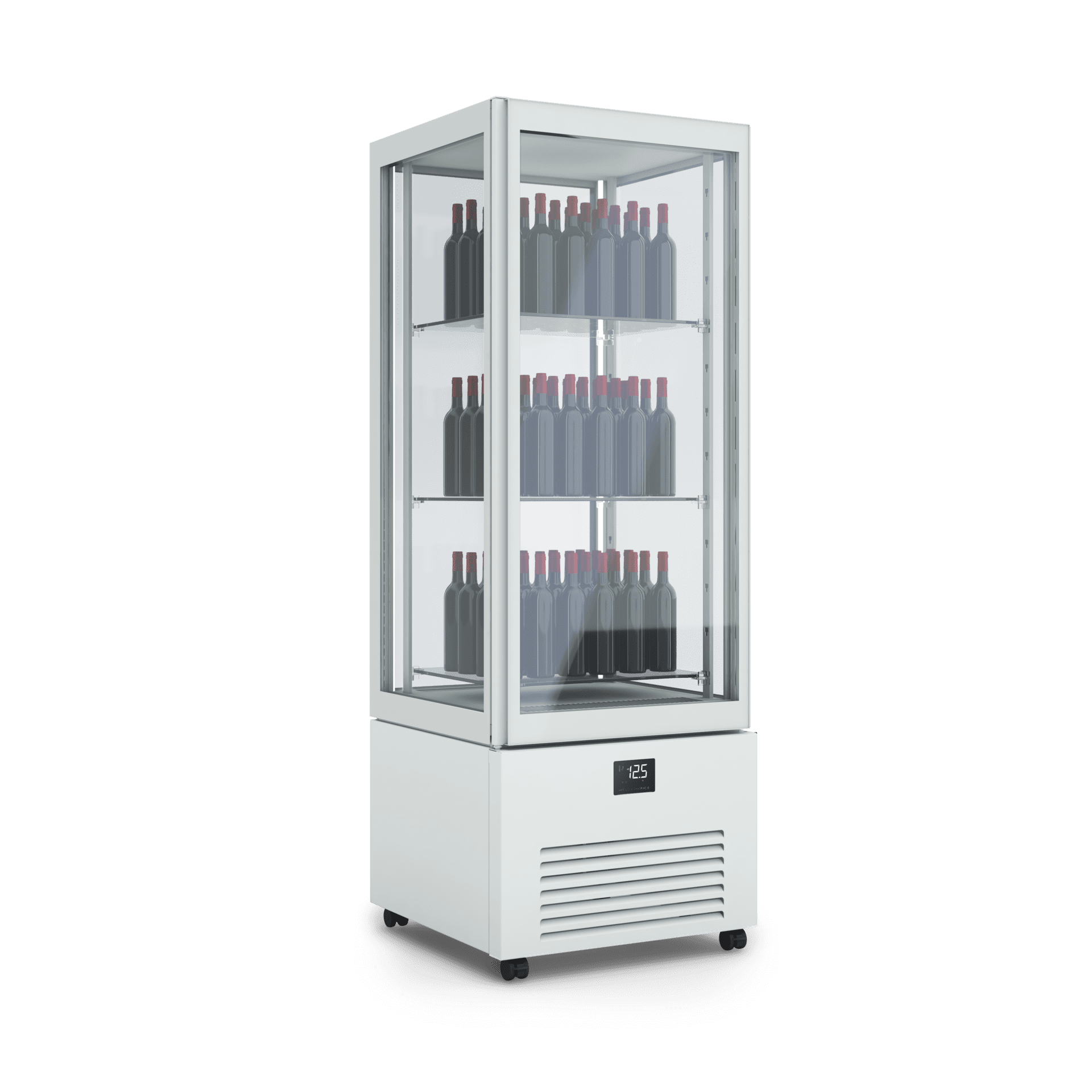 Armadio refrigerato verticale K2 vini per esposizione prodotti di pasticceria, design elegante, illuminazione interna, ripiani regolabili. Dimensioni 700x700x1980h RAL7044 GESSO