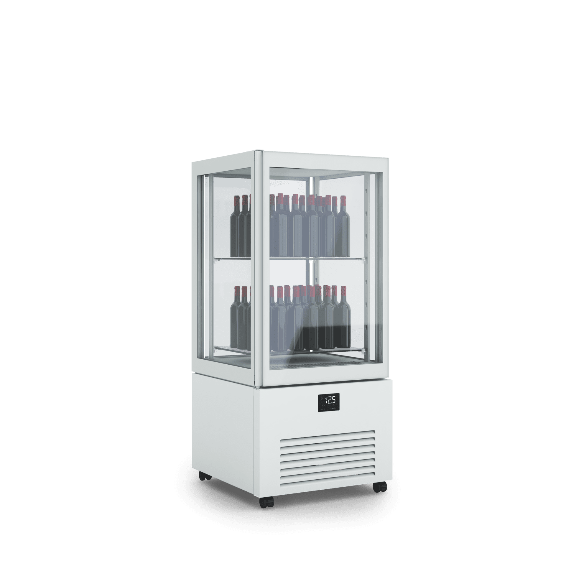 Armadio refrigerato verticale K2 vini per esposizione prodotti di pasticceria, design elegante, illuminazione interna, ripiani regolabili. Dimensioni 700x700x1980h RAL7044 GESSO