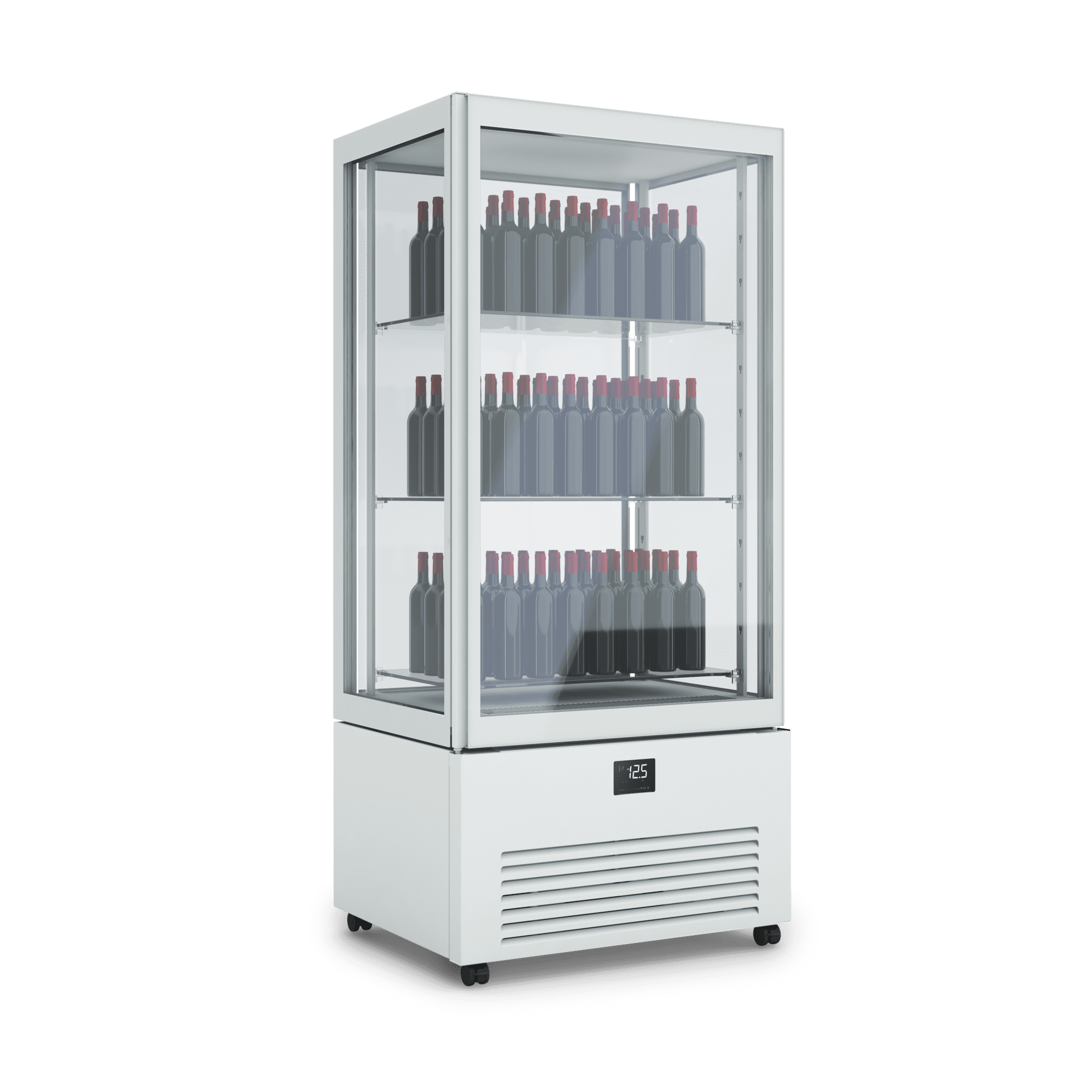 Armadio refrigerato verticale K2 vini per esposizione prodotti di pasticceria, design elegante, illuminazione interna, ripiani regolabili. Dimensioni 700x700x1980h RAL7044 GESSO