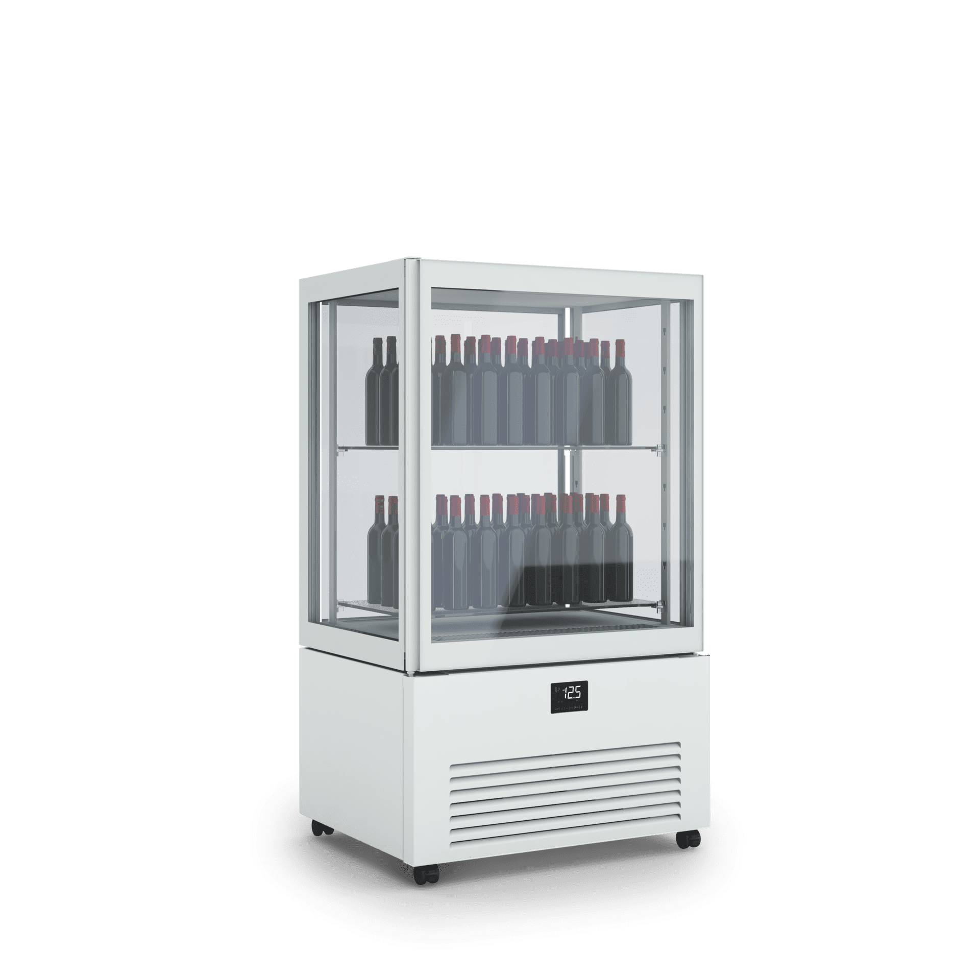 Armadio refrigerato verticale K2 vini per esposizione prodotti di pasticceria, design elegante, illuminazione interna, ripiani regolabili. Dimensioni 700x700x1980h RAL7044 GESSO