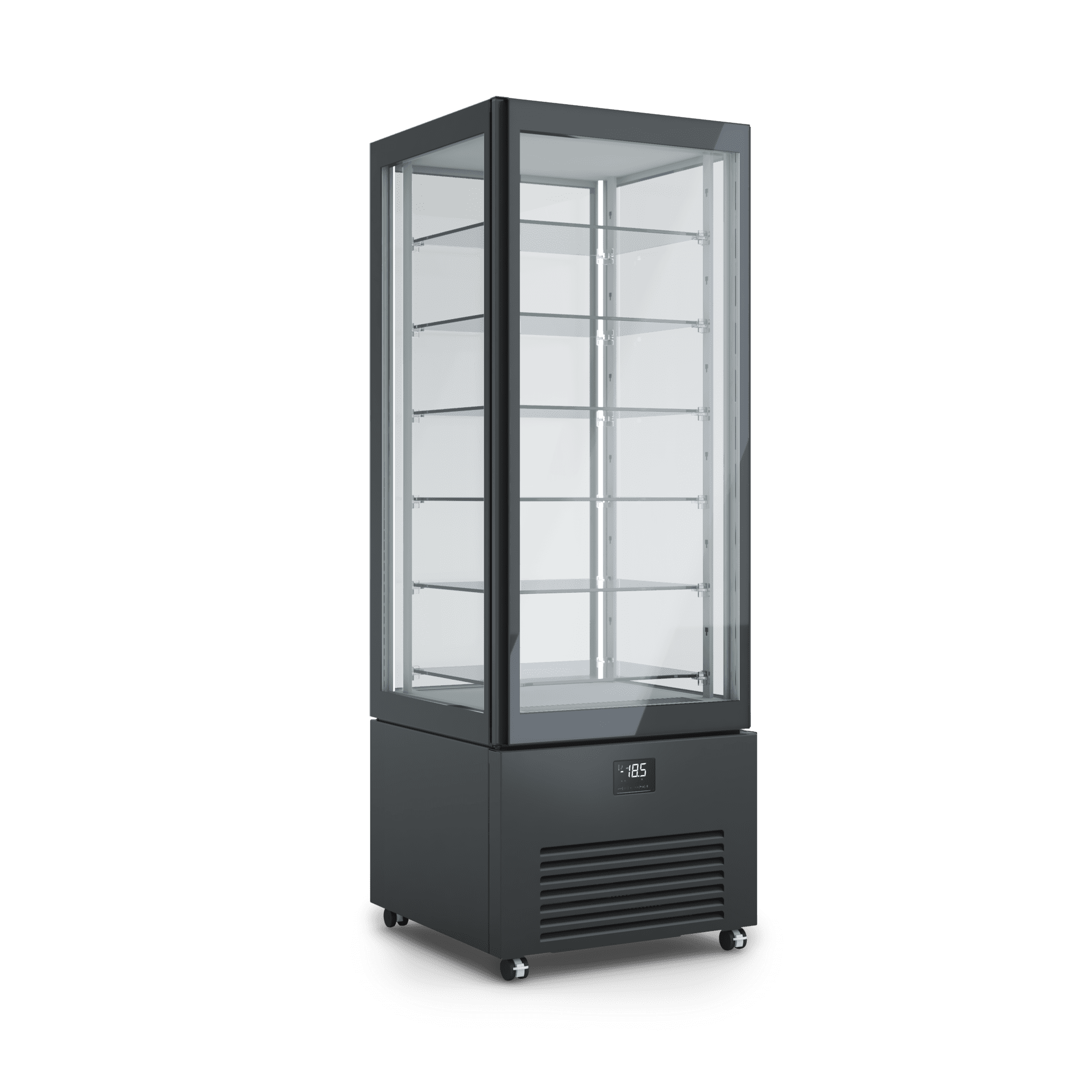 Armadio refrigerato verticale K2 per esposizione prodotti di pasticceria, design elegante, illuminazione interna, ripiani regolabili. Dimensioni 700x700x1980h RAL9005 NERO