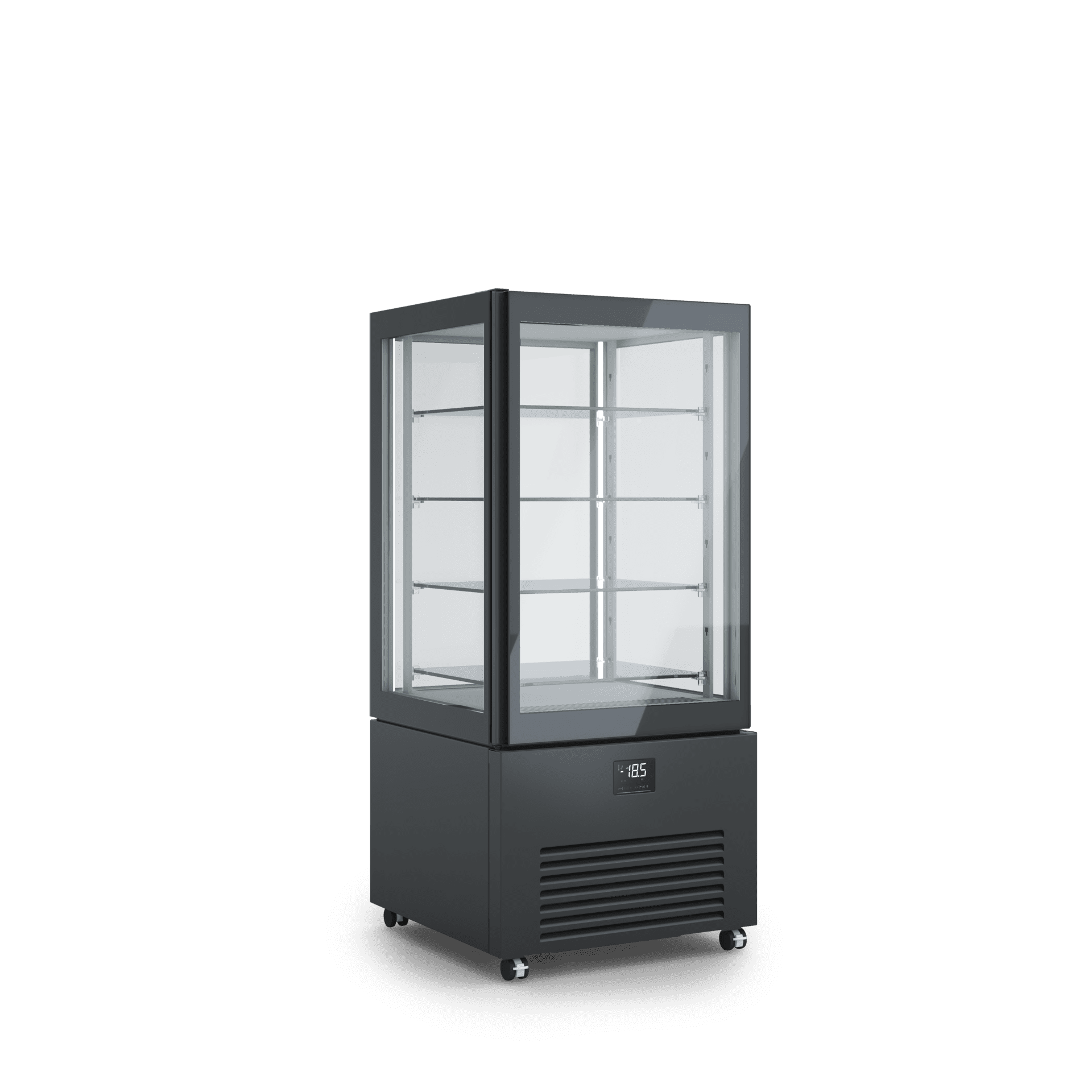 Armadio refrigerato verticale K2 per esposizione prodotti di pasticceria, design elegante, illuminazione interna, ripiani regolabili. Dimensioni 700x700x1550h RAL9005 NERO
