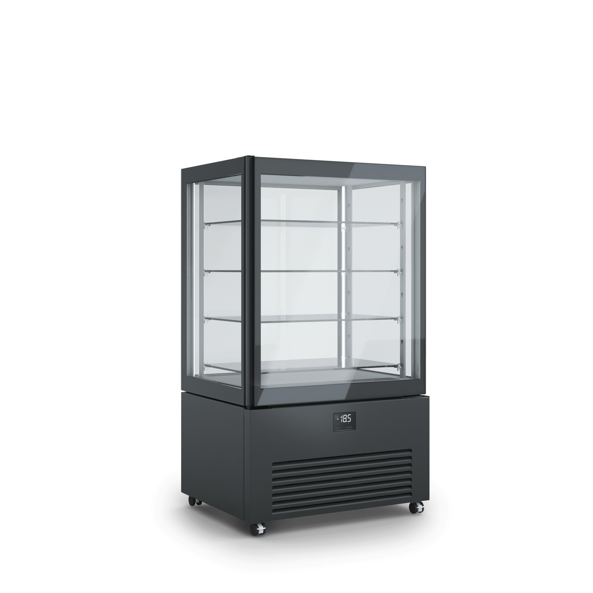 Armadio refrigerato verticale K2 per esposizione prodotti di pasticceria, design elegante, illuminazione interna, ripiani regolabili. Dimensioni 900x700x1550h RAL9005 NERO