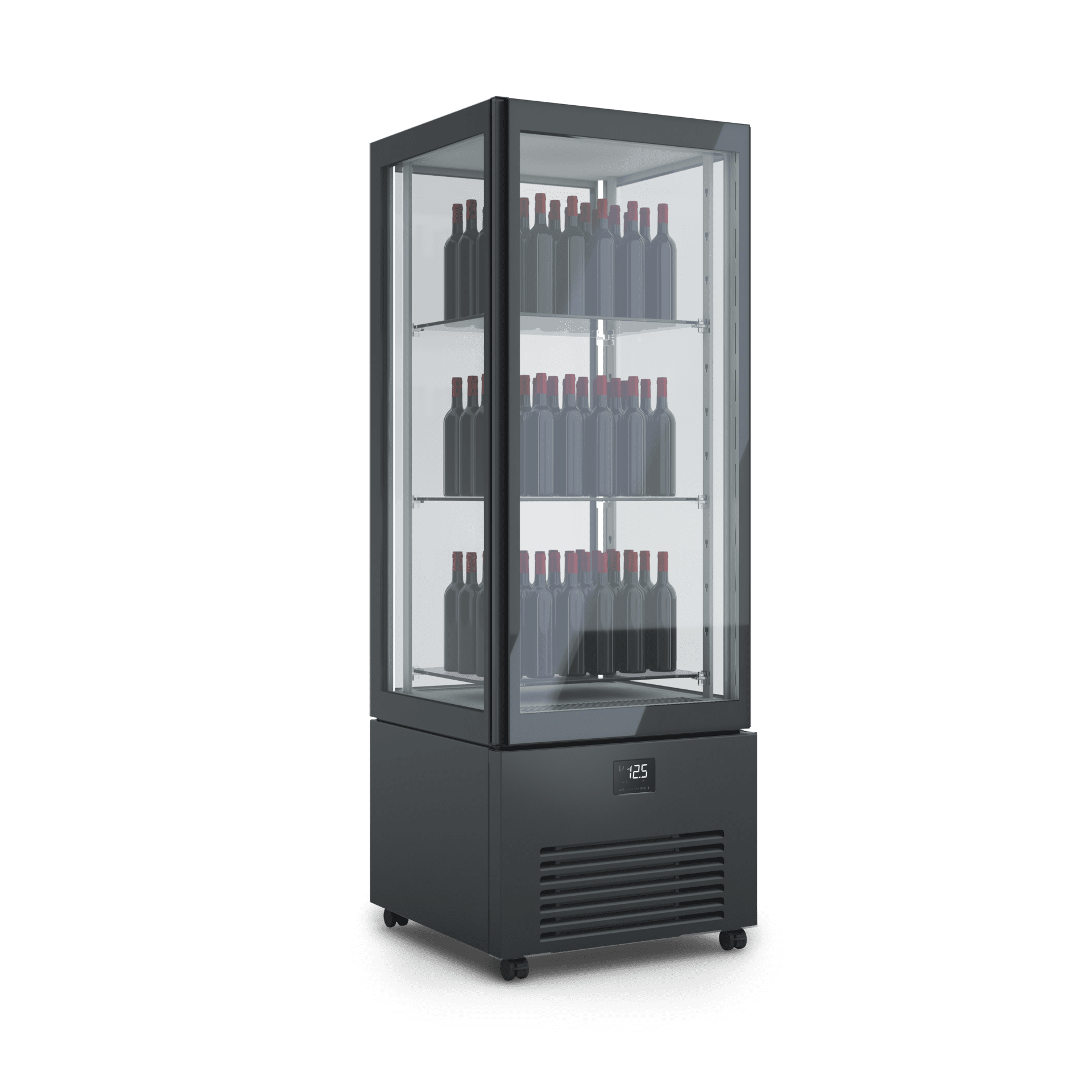 Armadio refrigerato verticale K2 vini per esposizione prodotti di pasticceria, design elegante, illuminazione interna, ripiani regolabili. Dimensioni 700x700x1980h RAL9005 NERO