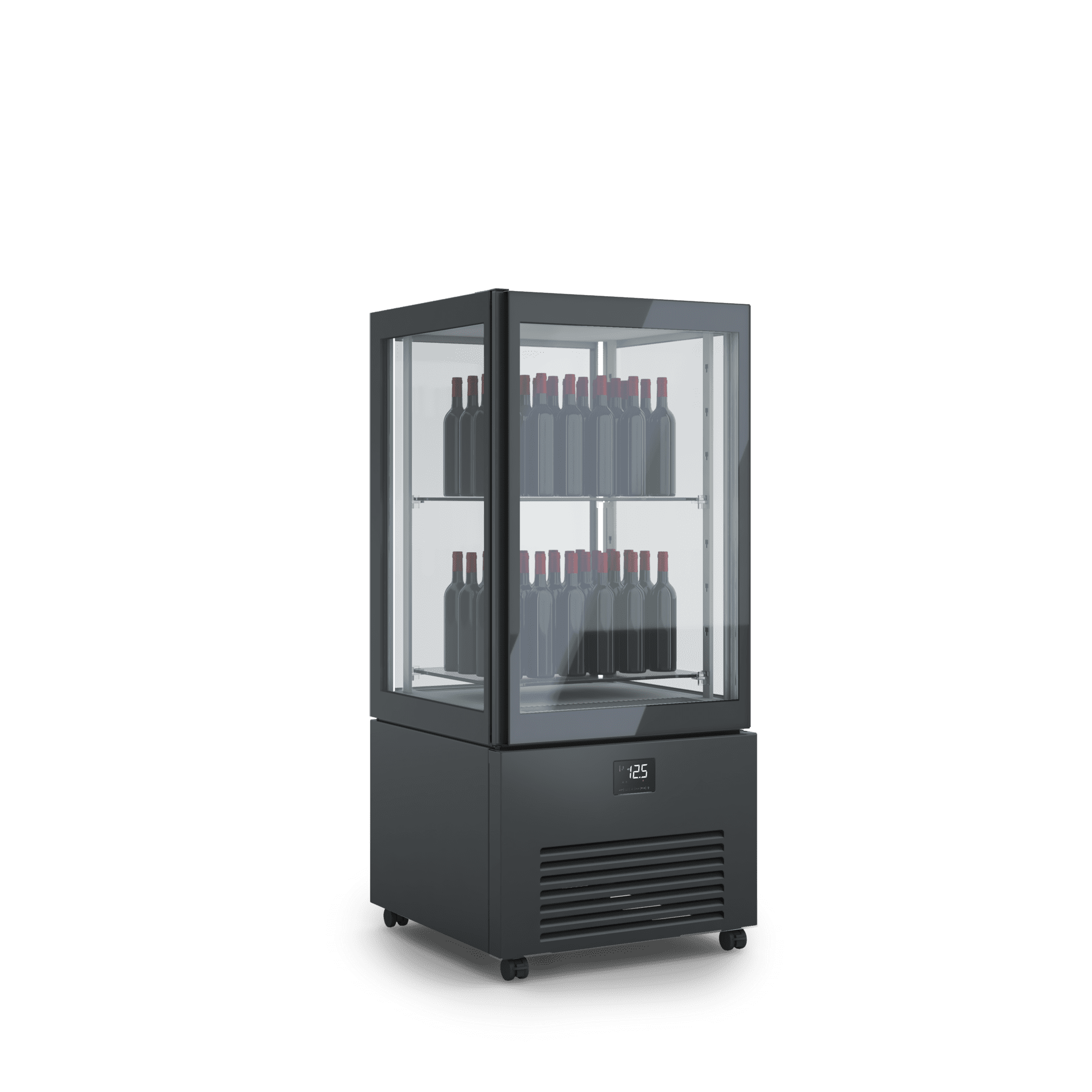 Armadio refrigerato verticale K2 vini per esposizione prodotti di pasticceria, design elegante, illuminazione interna, ripiani regolabili. Dimensioni 700x700x1550h RAL9005 NERO