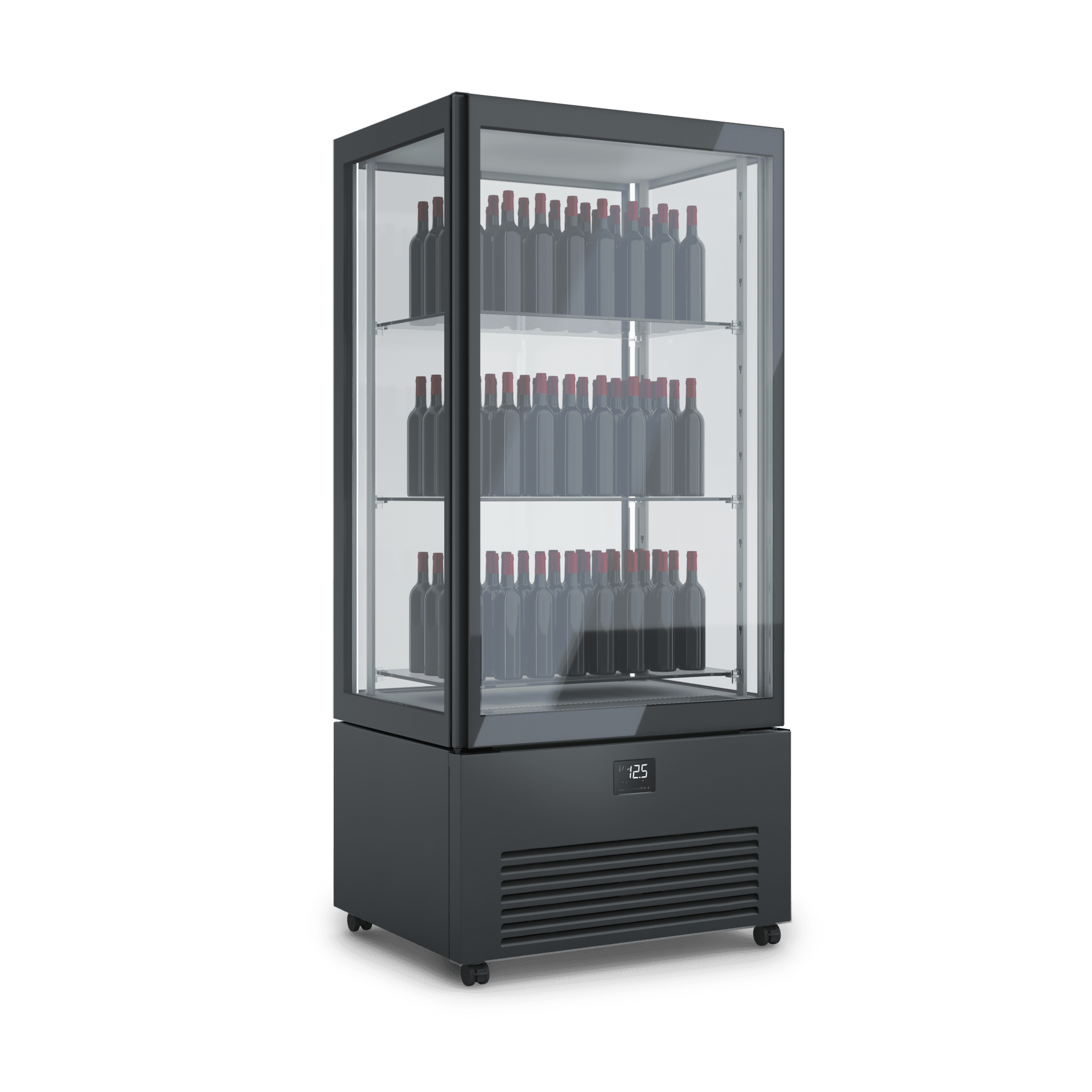 Armadio refrigerato verticale K2 vini per esposizione prodotti di pasticceria, design elegante, illuminazione interna, ripiani regolabili. Dimensioni 900x700x1980h RAL9005 NERO