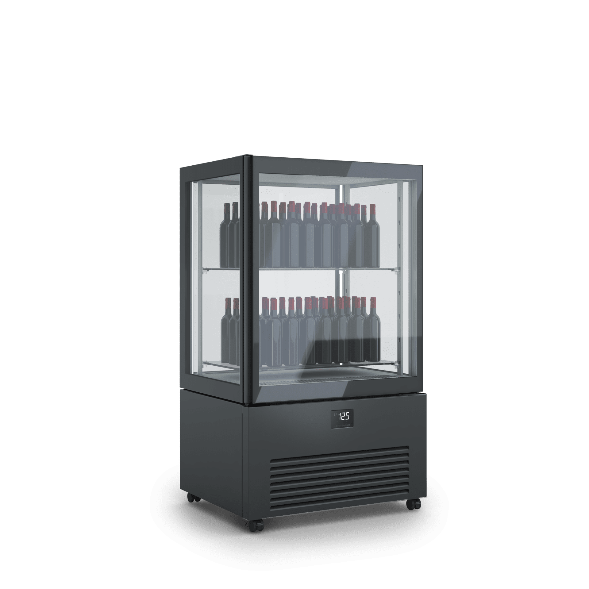 Armadio refrigerato verticale K2 vini per esposizione prodotti di pasticceria, design elegante, illuminazione interna, ripiani regolabili. Dimensioni 900x700x1550h RAL9005 NERO