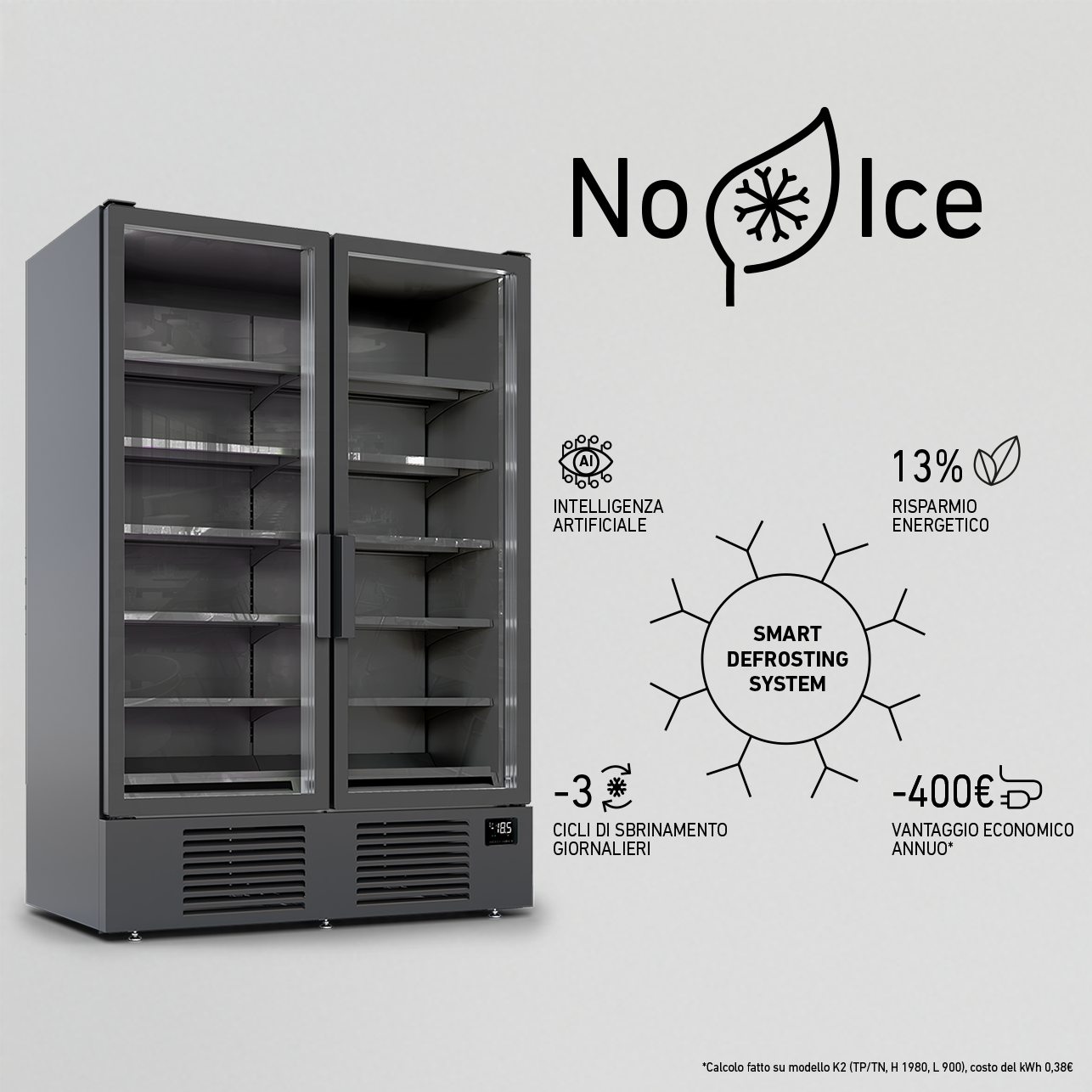 verticale refrigerato negativo GG2 con grafiche di spiegazione della tecnologia No-Ice