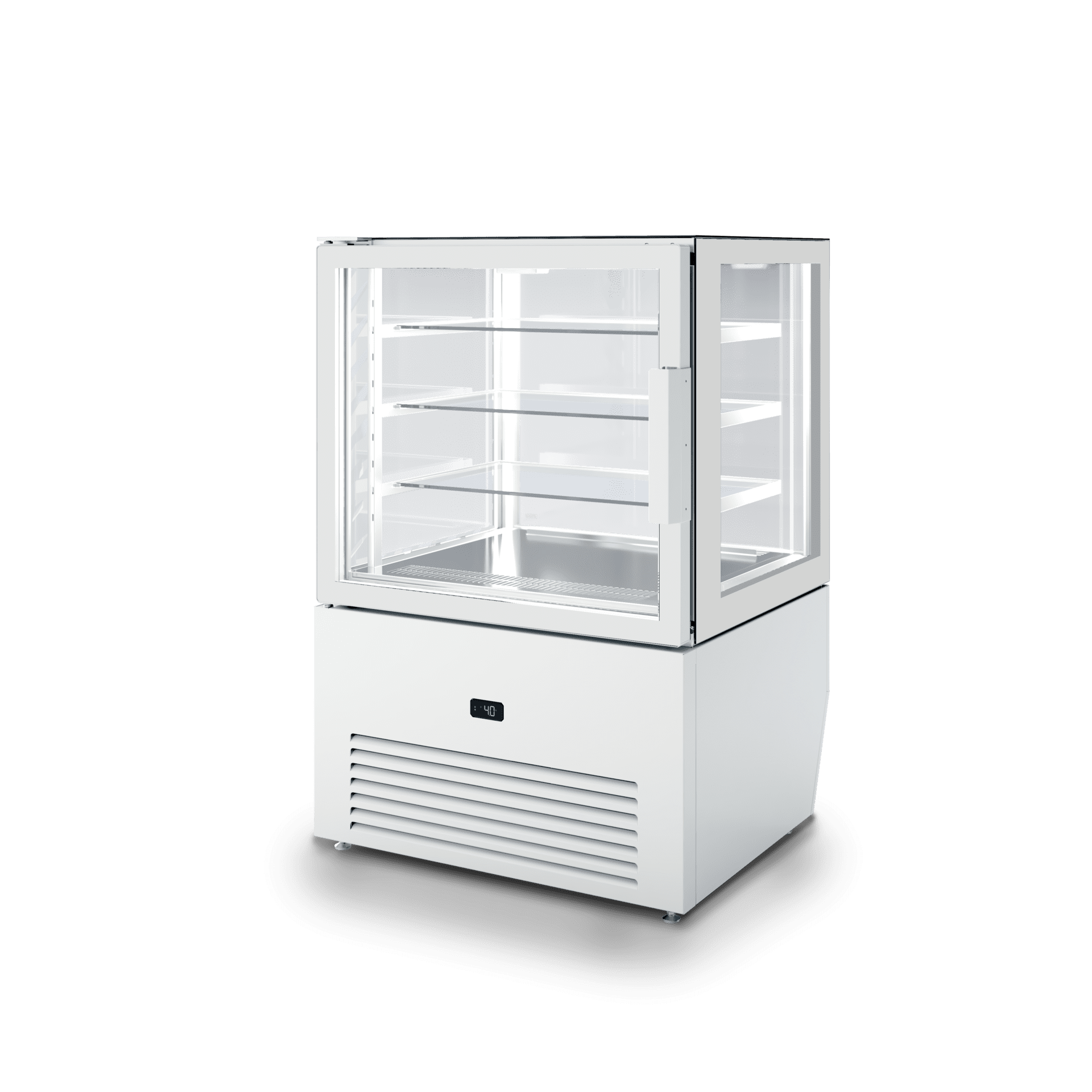 Vetrina refrigerata orizzontale SO1 per esposizione prodotti freschi di pasticceria e gastronomia, ampia superficie espositiva, vetro temperato, illuminazione interna. Vista lato operatore con porta chiusa, colore RAL 7044 GESSO