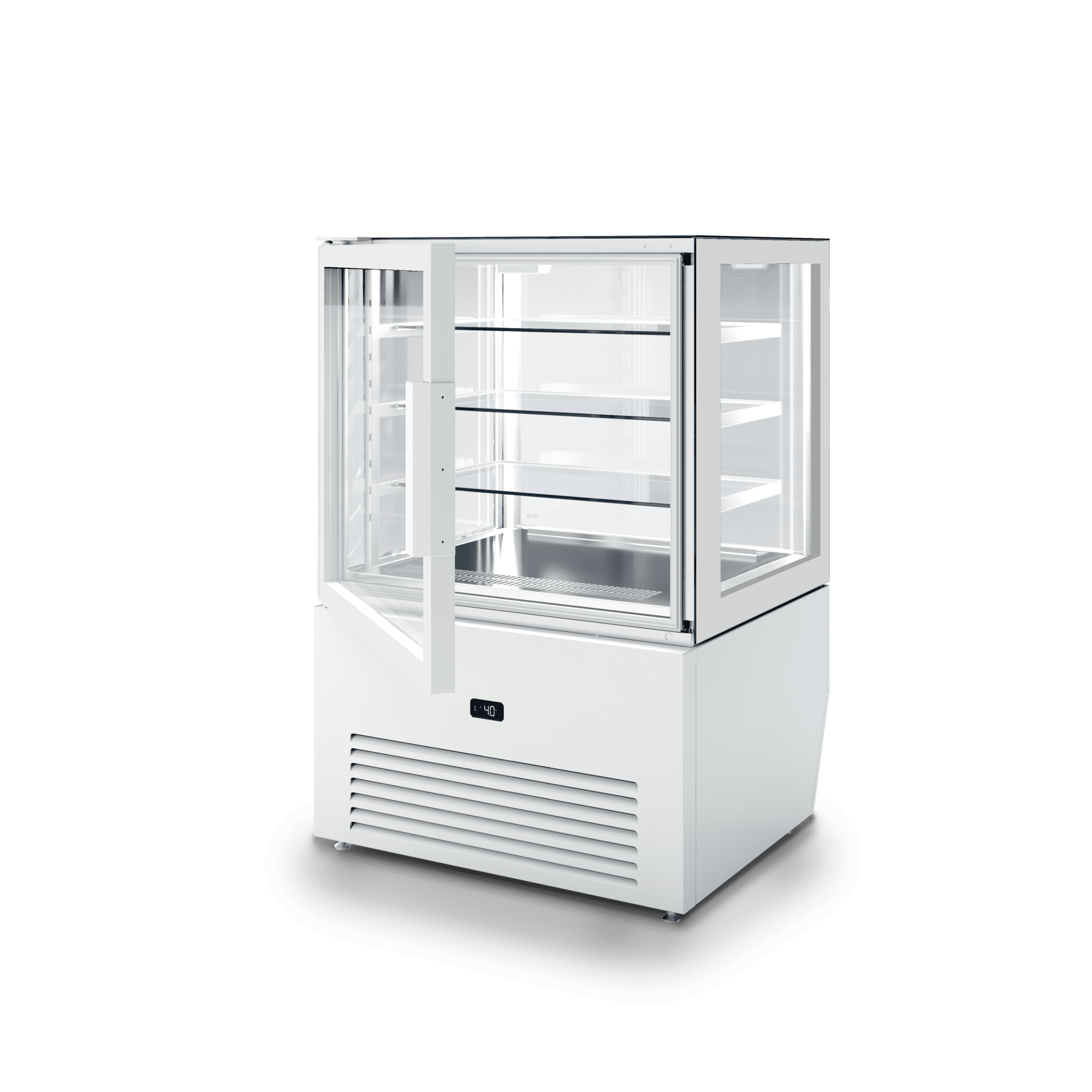 Vetrina refrigerata orizzontale SO1 per esposizione prodotti freschi di pasticceria e gastronomia, ampia superficie espositiva, vetro temperato, illuminazione interna. Vista lato operatore con porta aperta, colore RAL 7044 GESSO