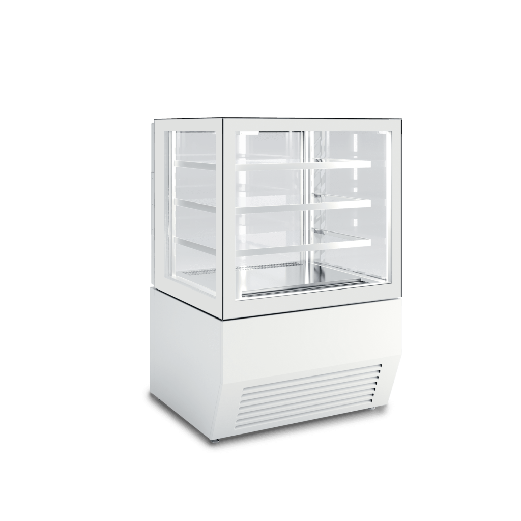 Vetrina refrigerata orizzontale SO1 per esposizione prodotti freschi di pasticceria e gastronomia, ampia superficie espositiva, vetro temperato, illuminazione interna. Vista lato cliente, colore RAL 7044 GESSO