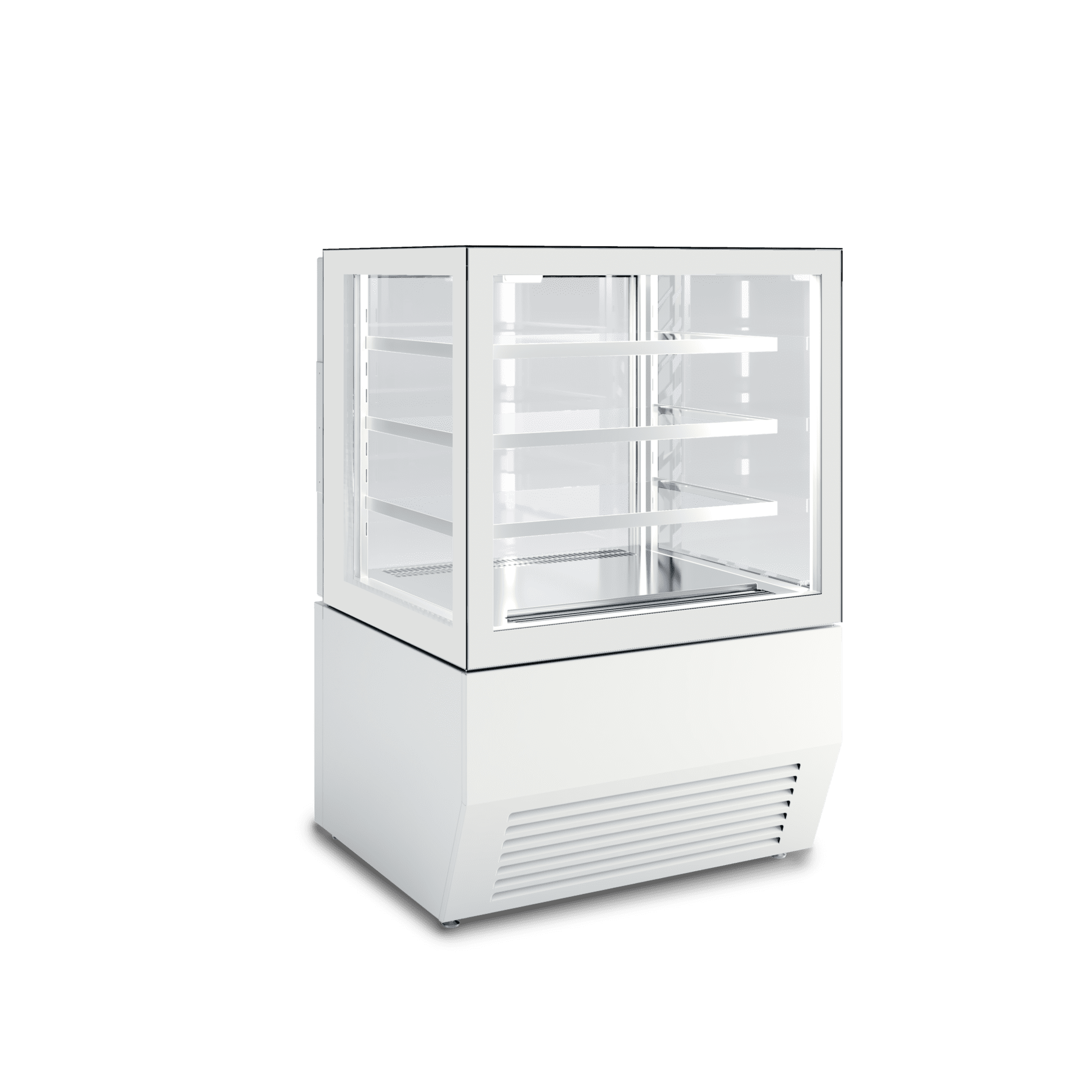 Vetrina refrigerata orizzontale SO1 per esposizione prodotti freschi di pasticceria e gastronomia, ampia superficie espositiva, vetro temperato, illuminazione interna. Vista lato cliente, colore RAL 7044 GESSO