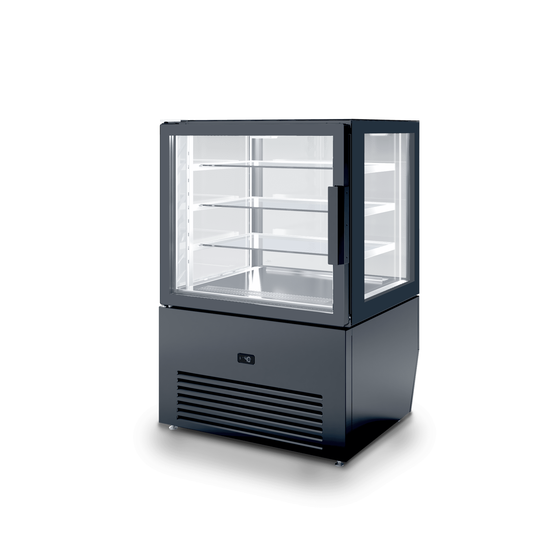Vetrina refrigerata orizzontale SO1 per esposizione prodotti freschi di pasticceria e gastronomia, ampia superficie espositiva, vetro temperato, illuminazione interna. Vista lato operatore con porta chiusa, colore RAL 9005 NERO