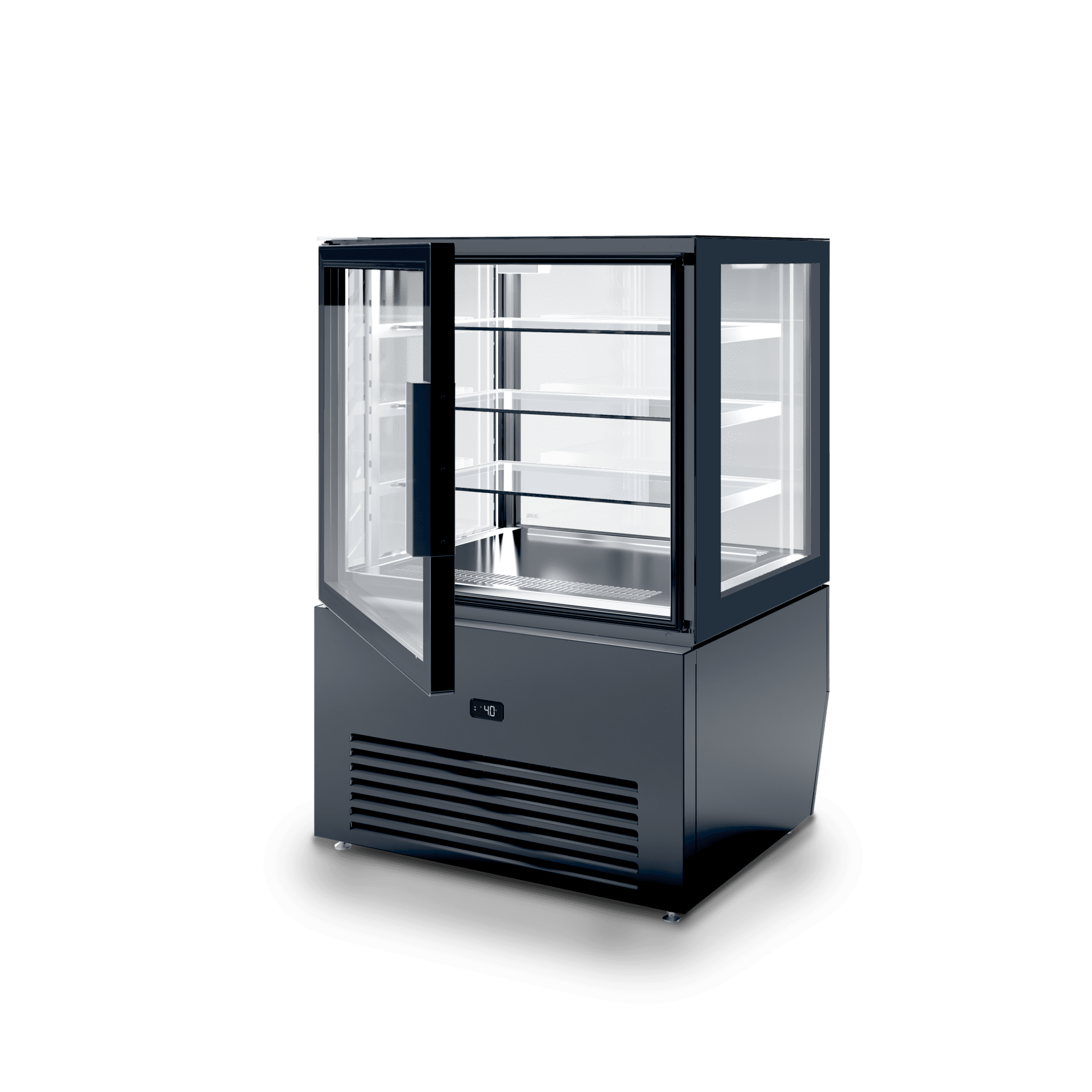 Vetrina refrigerata orizzontale SO1 per esposizione prodotti freschi di pasticceria e gastronomia, ampia superficie espositiva, vetro temperato, illuminazione interna. Vista lato operatore con porta aperta, colore RAL 9005 NERO