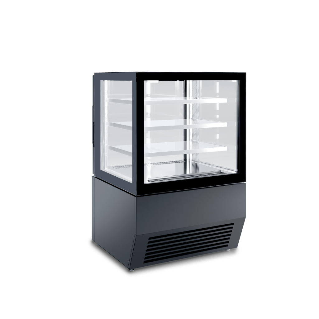 Vetrina refrigerata orizzontale SO1 per esposizione prodotti freschi di pasticceria e gastronomia, ampia superficie espositiva, vetro temperato, illuminazione interna.