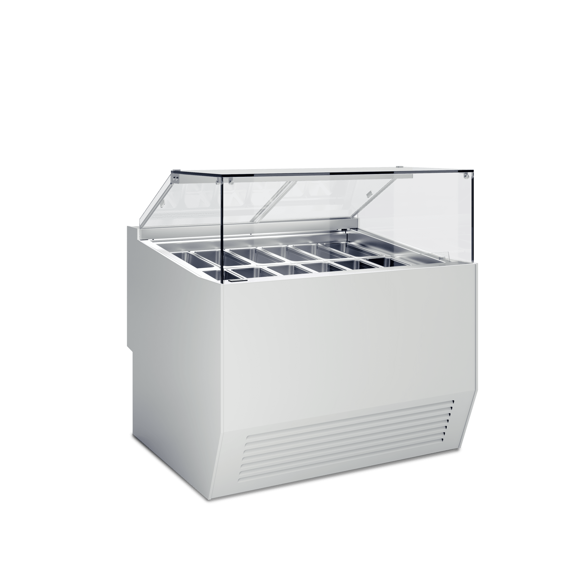 Vetrina gelato modulare SO3 PRIMA in finitura grigio chiaro RAL 7044 (grigio chiaro). versione 12 gusti