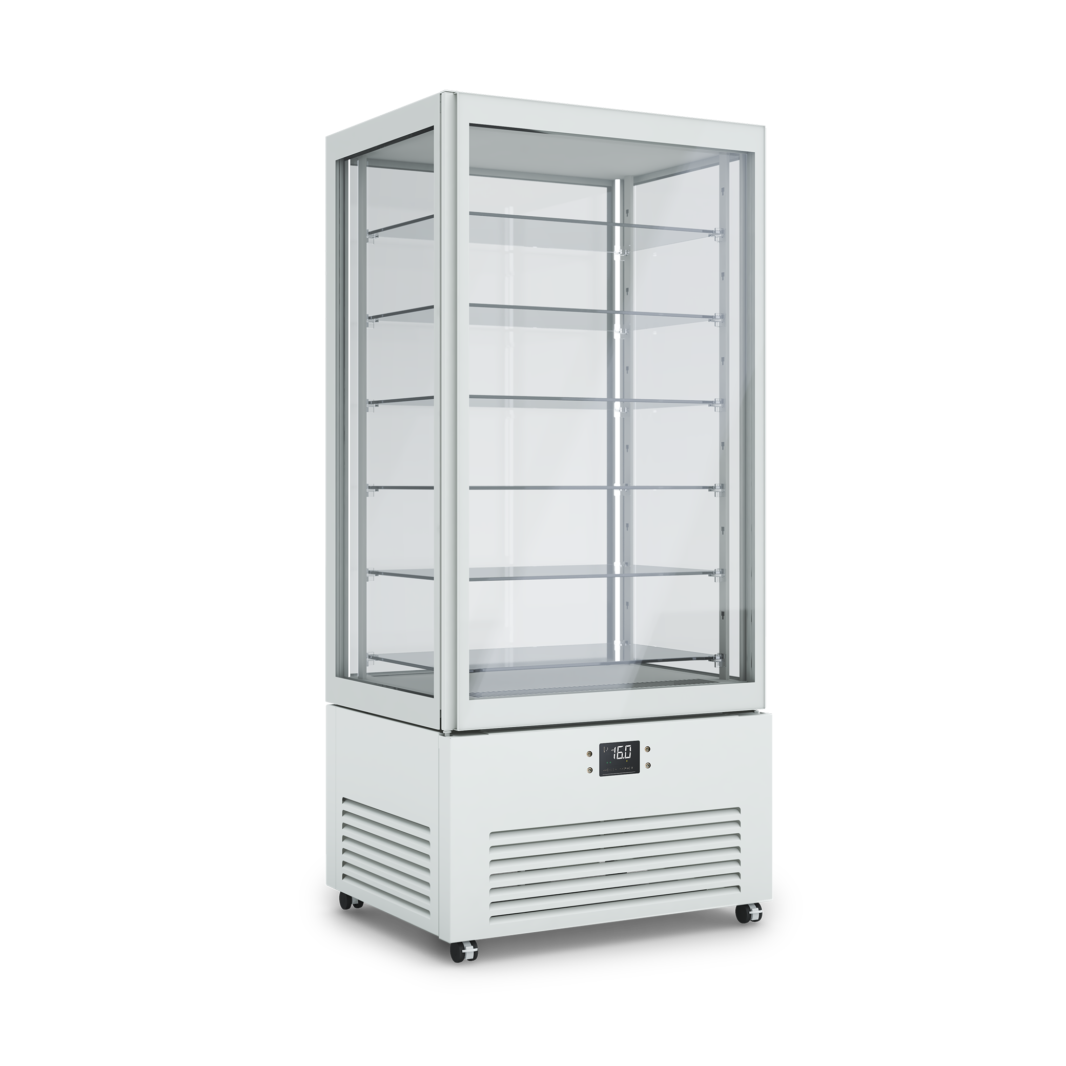 Vetrina refrigerata professionale K2 4MODE con quattro modalità selezionabili: pasticceria, pralineria, vino e gastronomia – design elegante e tecnologia PRIMA. Dimensioni 900x700x1980h RAL9010 BIANCO PURO