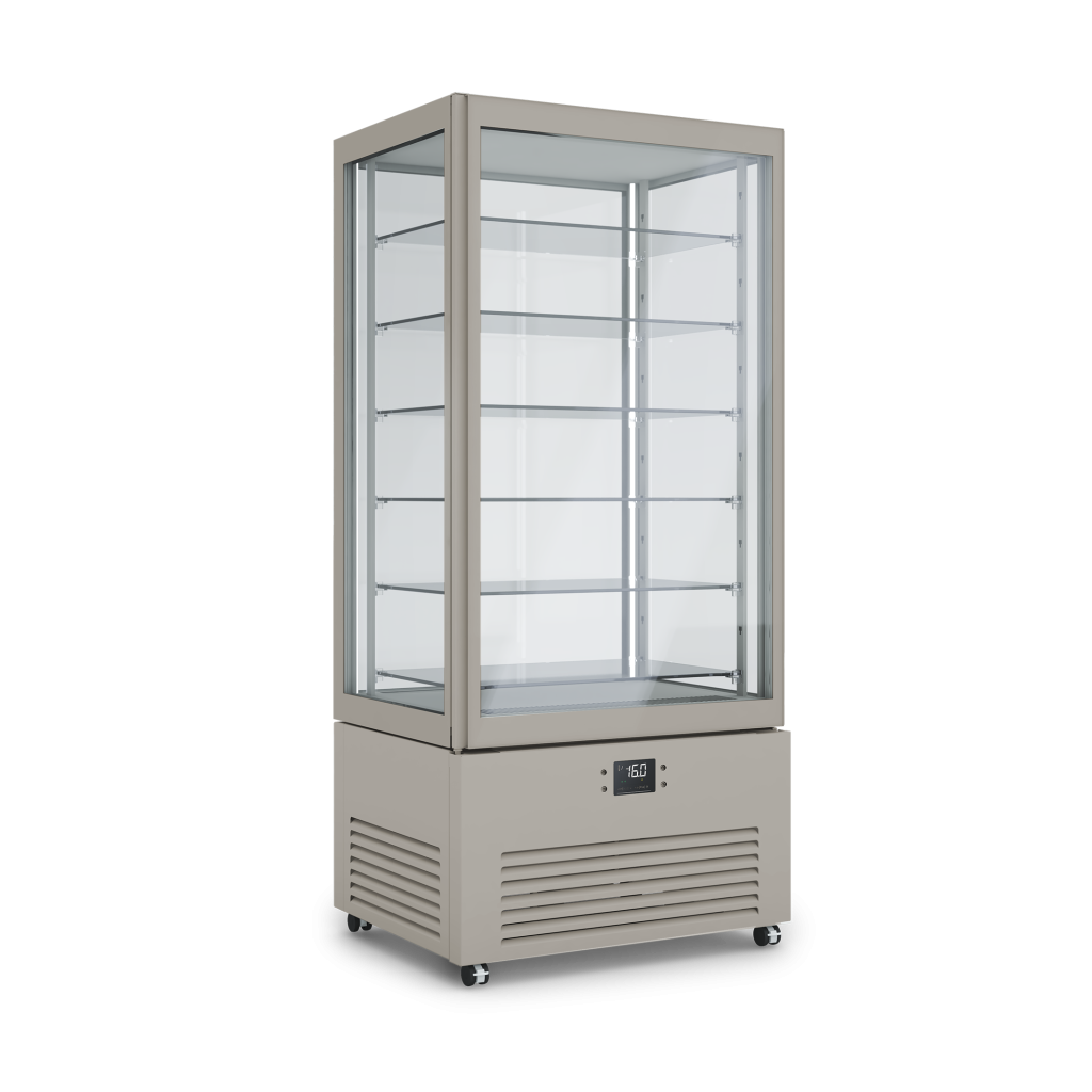 Vetrina refrigerata professionale K2 4MODE con quattro modalità selezionabili: pasticceria, pralineria, vino e gastronomia – design elegante e tecnologia PRIMA. Dimensioni 900x700x1980h RAL7044 GESSO
