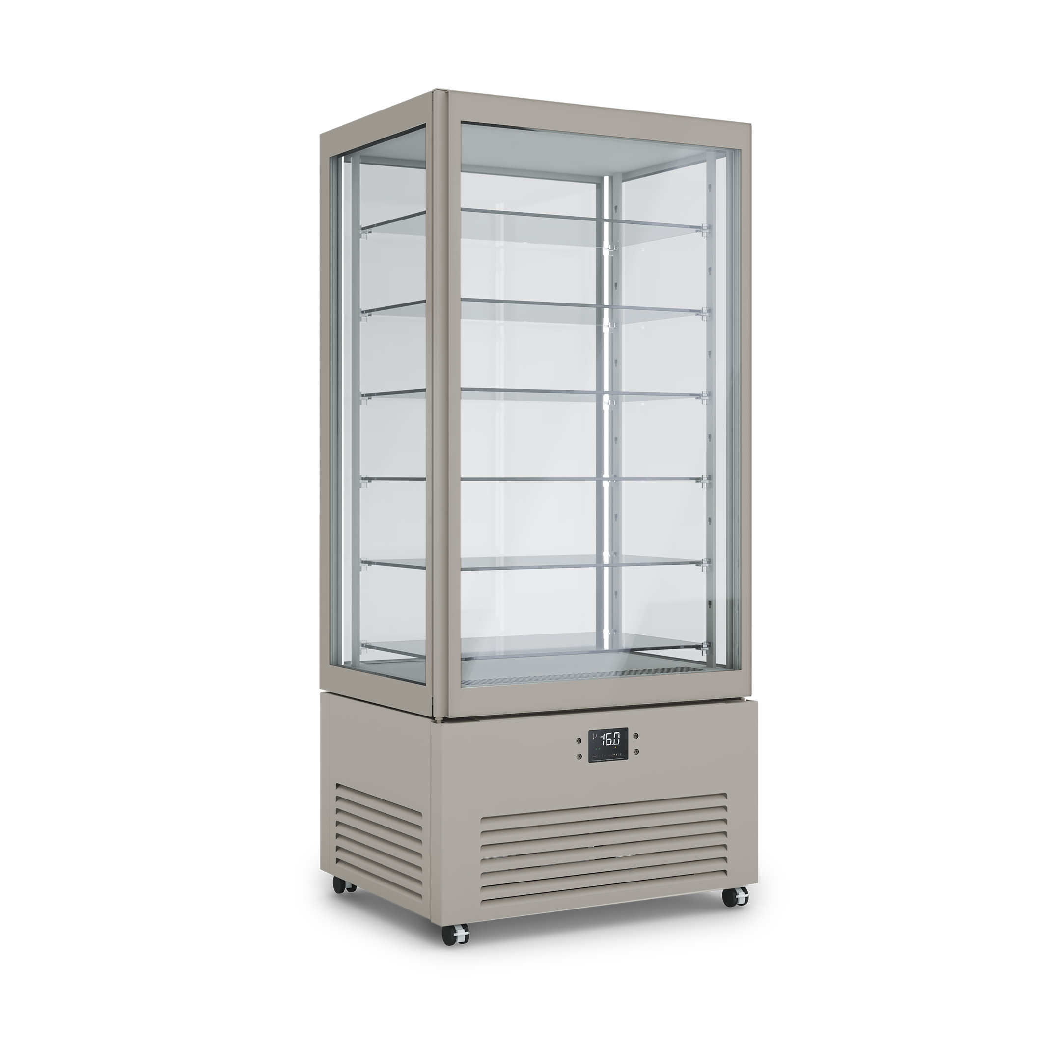 Vetrina refrigerata professionale K2 4MODE con quattro modalità selezionabili: pasticceria, pralineria, vino e gastronomia – design elegante e tecnologia PRIMA. Dimensioni 900x700x1980h RAL7044 GESSO