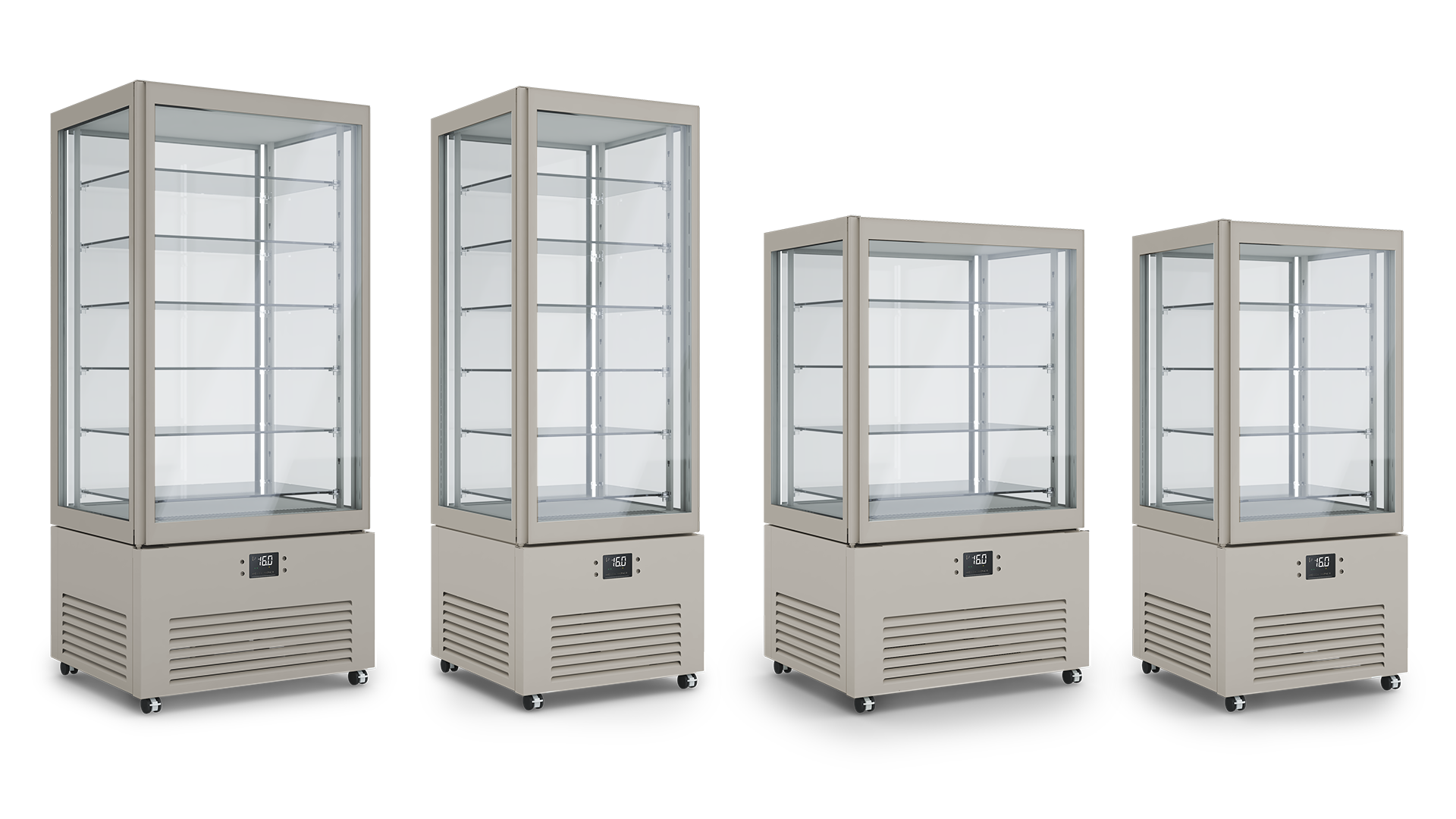 Verticale refrigerato K2 in quattro dimensioni, colore grigio seta RAL 7044, con funzionalità 4 mode per la conservazione di cioccolato, vino, gastronomia e pasticceria