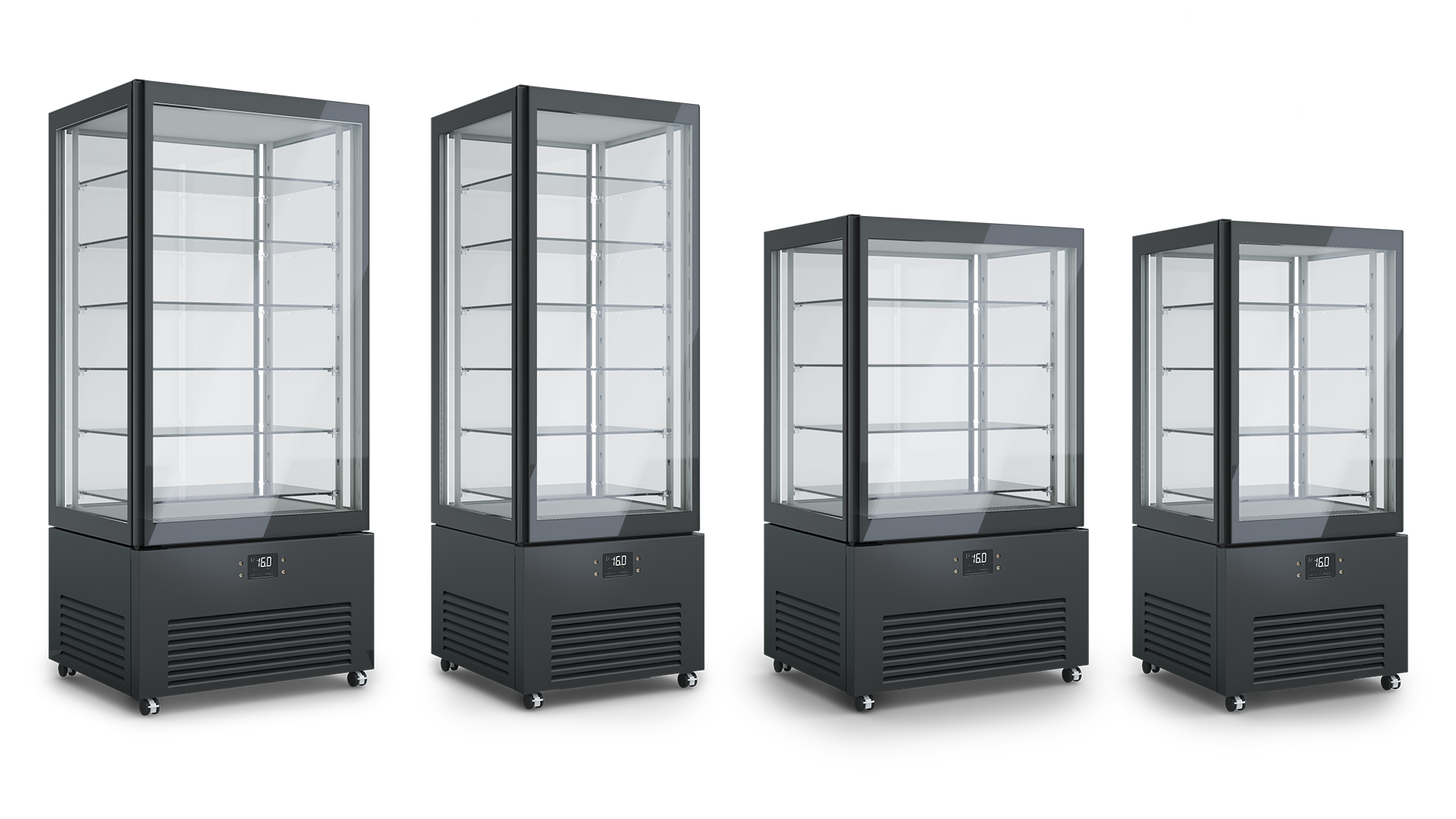 Verticale refrigerato K2 in quattro dimensioni, colore nero RAL 9005, con funzionalità 4 mode per la conservazione di cioccolato, vino, gastronomia e pasticceria