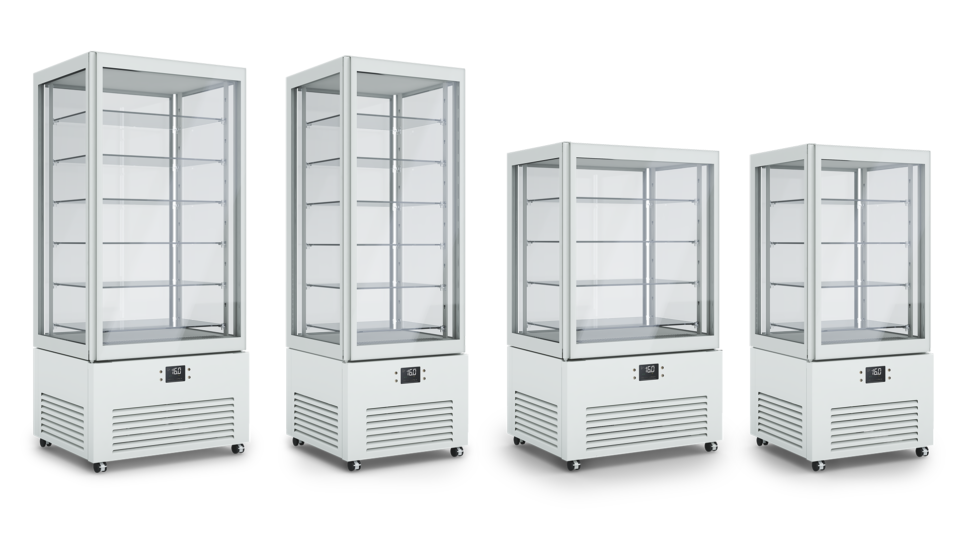 Verticale refrigerato K2 in quattro dimensioni, colore bianco puro RAL 9010, con funzionalità 4 mode per la conservazione di cioccolato, vino, gastronomia e pasticceria