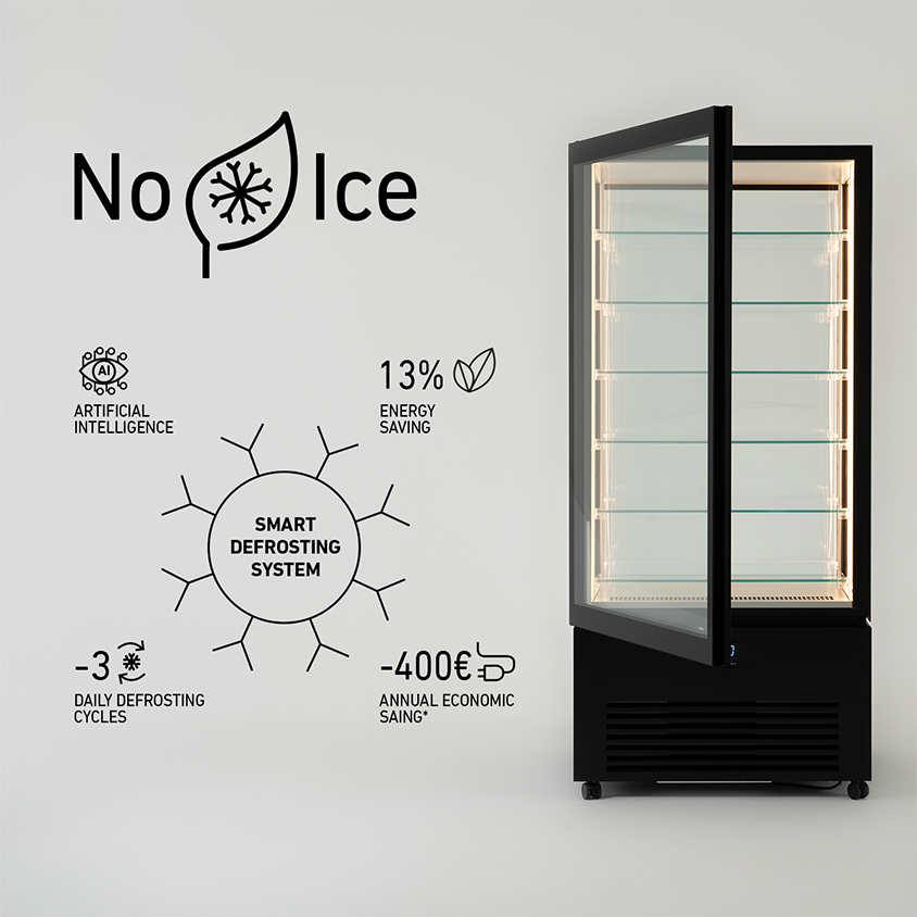Due verticali refrigerati K2 con grafiche di spiegazione della tecnologia No-Ice 