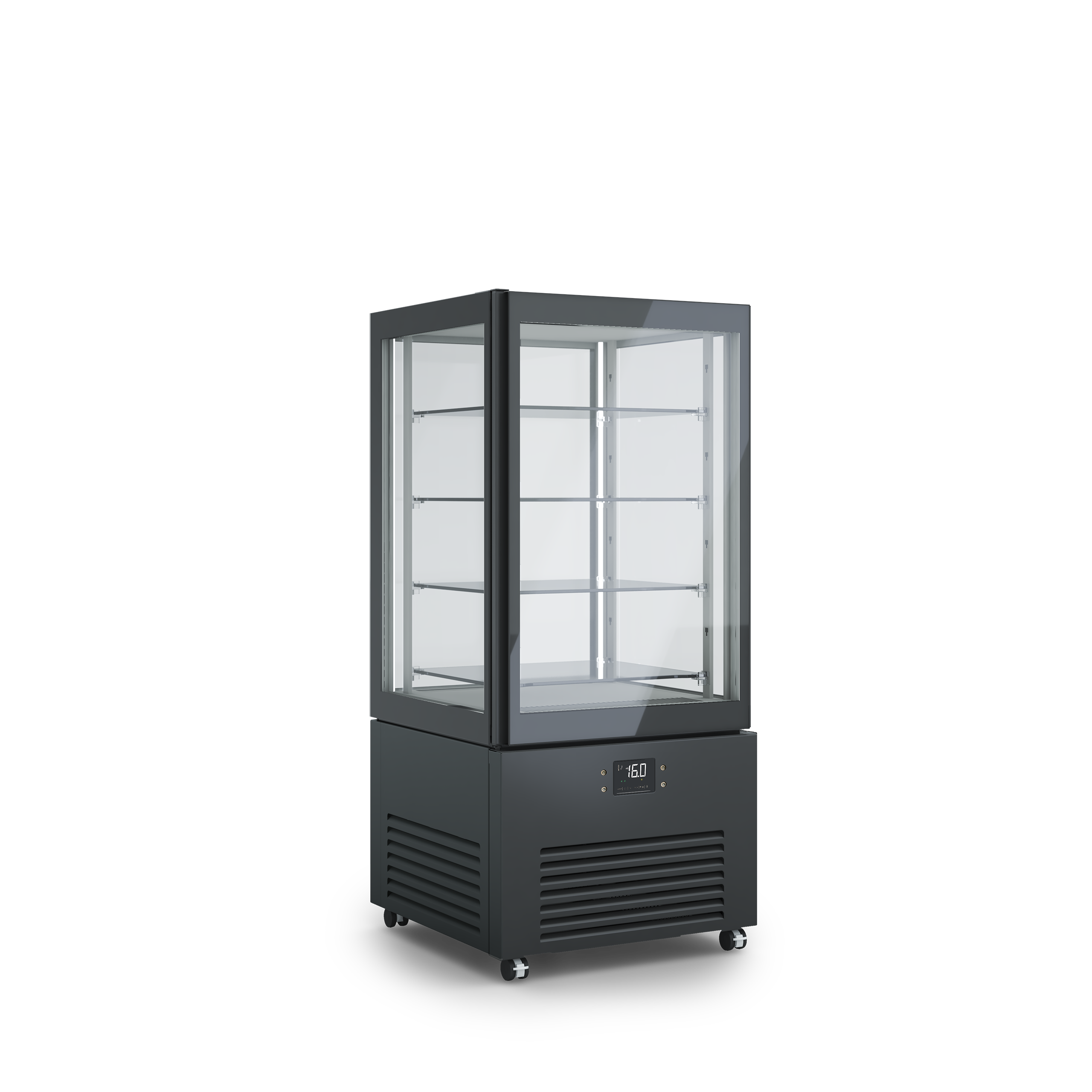 Vetrina refrigerata professionale K2 4MODE con quattro modalità selezionabili: pasticceria, pralineria, vino e gastronomia – design elegante e tecnologia PRIMA. Dimensioni 700x700x1550h RAL9005 NERO