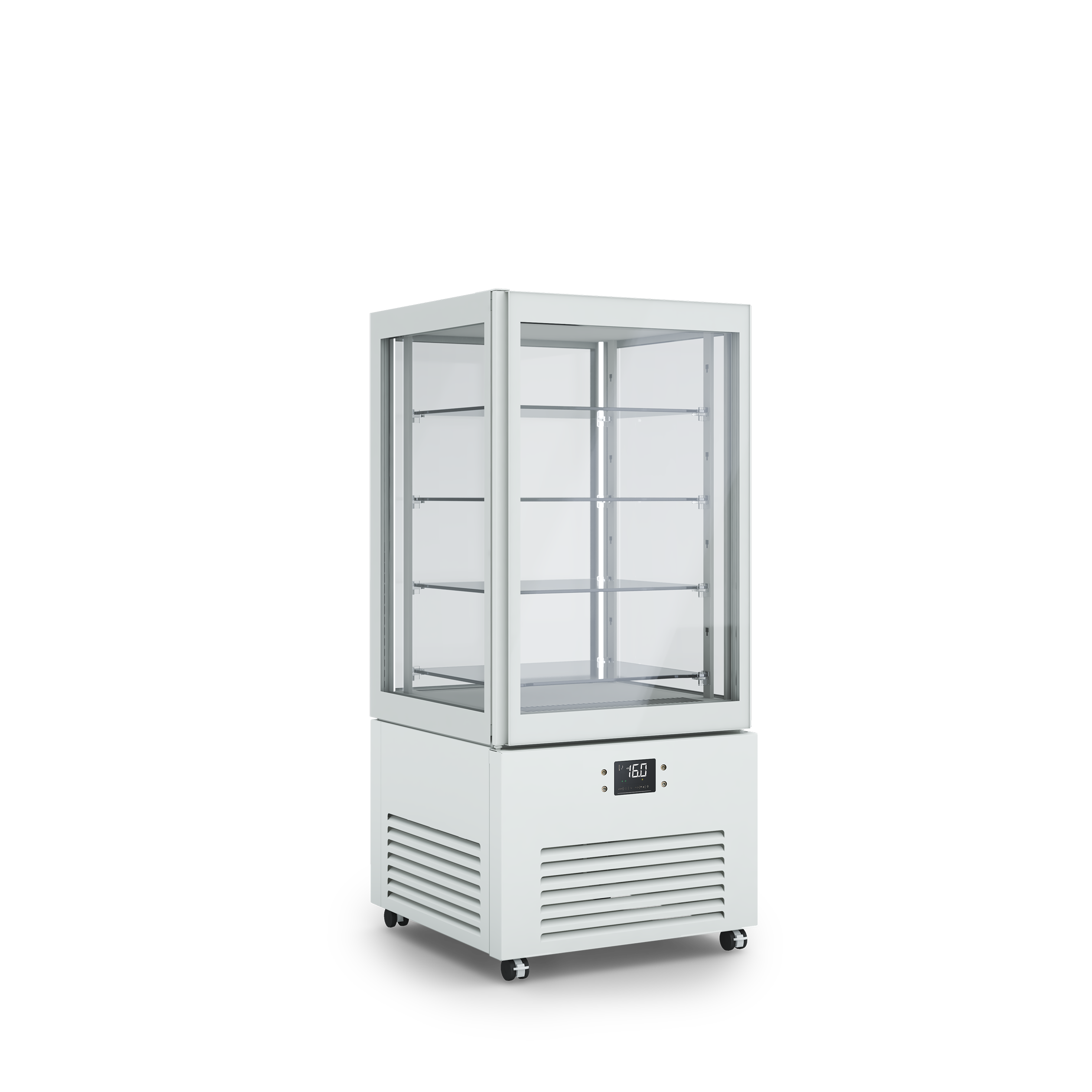 Vetrina refrigerata professionale K2 4MODE con quattro modalità selezionabili: pasticceria, pralineria, vino e gastronomia – design elegante e tecnologia PRIMA. Dimensioni 700x700x1550h RAL7044 GESSO