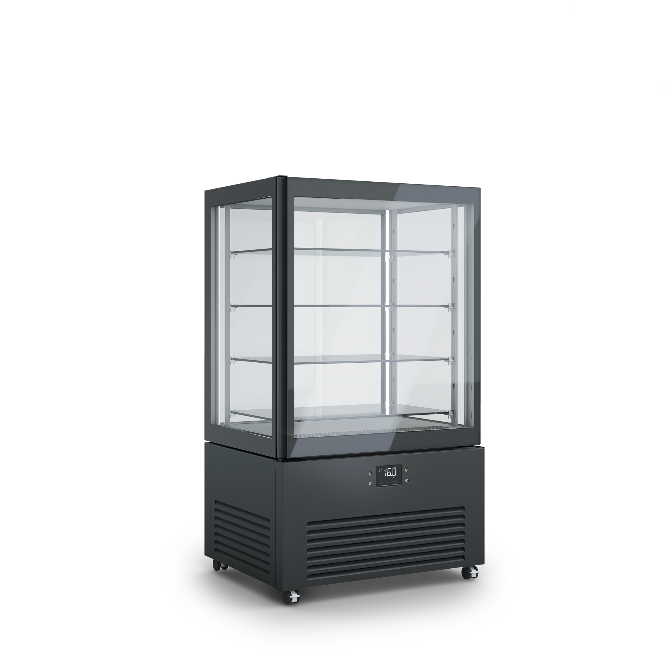 Vetrina refrigerata professionale K2 4MODE con quattro modalità selezionabili: pasticceria, pralineria, vino e gastronomia – design elegante e tecnologia PRIMA. Dimensioni 900x700x1550h RAL9005 NERO