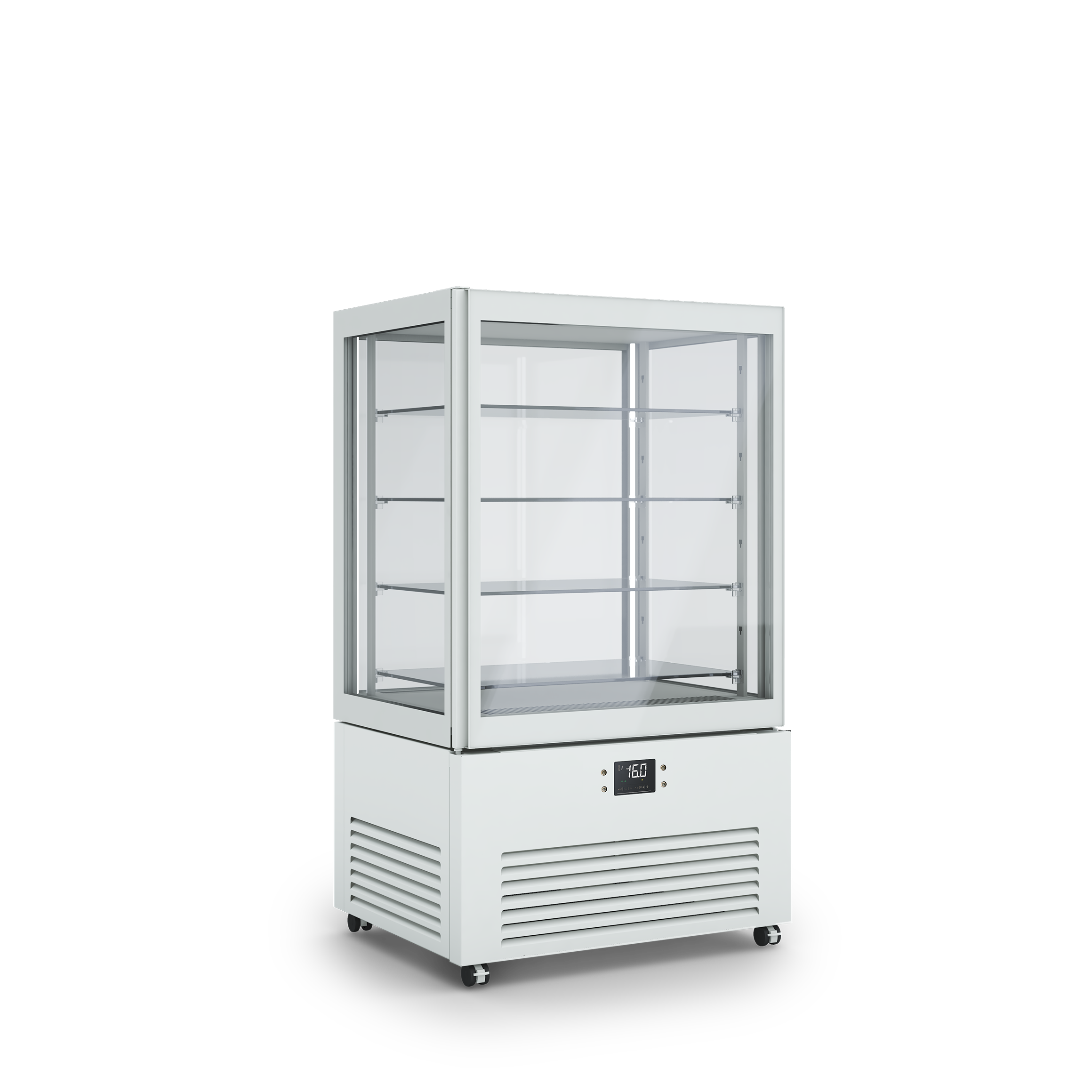 Vetrina refrigerata professionale K2 4MODE con quattro modalità selezionabili: pasticceria, pralineria, vino e gastronomia – design elegante e tecnologia PRIMA. Dimensioni 900x700x1550h RAL7044 GESSO