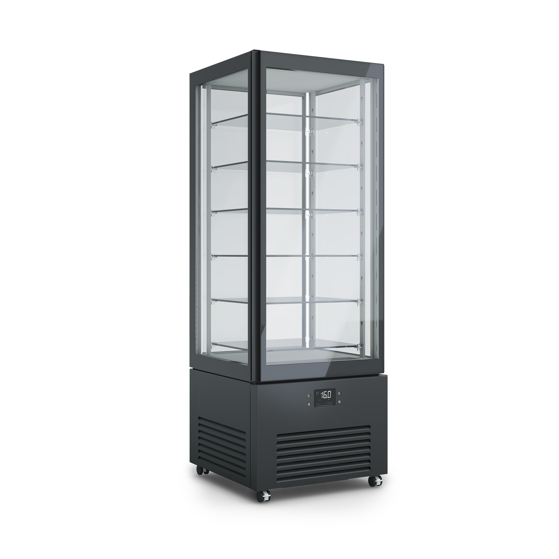 Vetrina refrigerata professionale K2 4MODE con quattro modalità selezionabili: pasticceria, pralineria, vino e gastronomia – design elegante e tecnologia PRIMA. Dimensioni 700x700x1980h RAL9005 NERO
