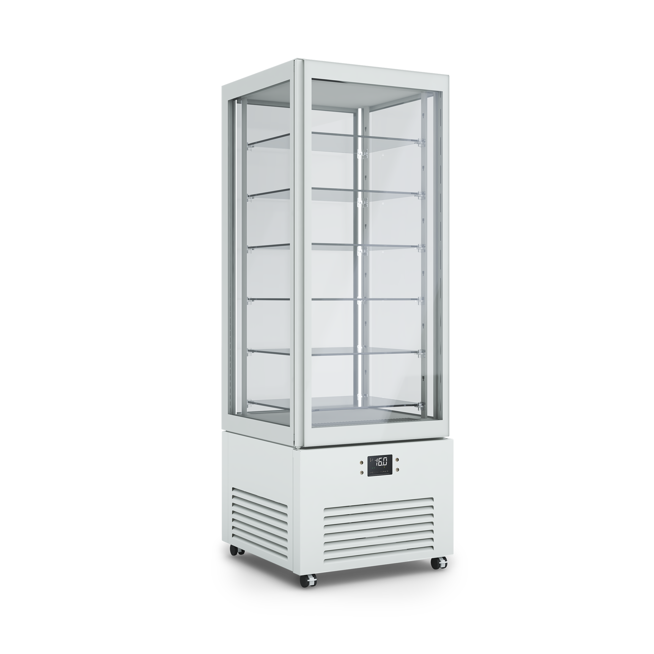 Vetrina refrigerata professionale K2 4MODE con quattro modalità selezionabili: pasticceria, pralineria, vino e gastronomia – design elegante e tecnologia PRIMA. Dimensioni 700x700x1980h RAL7044 GESSO