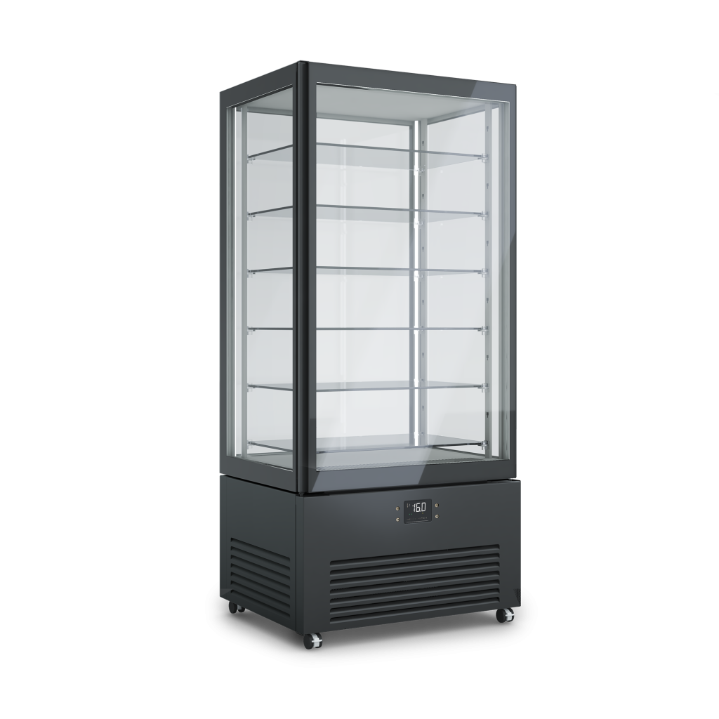 Vetrina refrigerata professionale K2 4MODE con quattro modalità selezionabili: pasticceria, pralineria, vino e gastronomia – design elegante e tecnologia PRIMA. Dimensioni 900x700x1980h RAL9005 NERO
