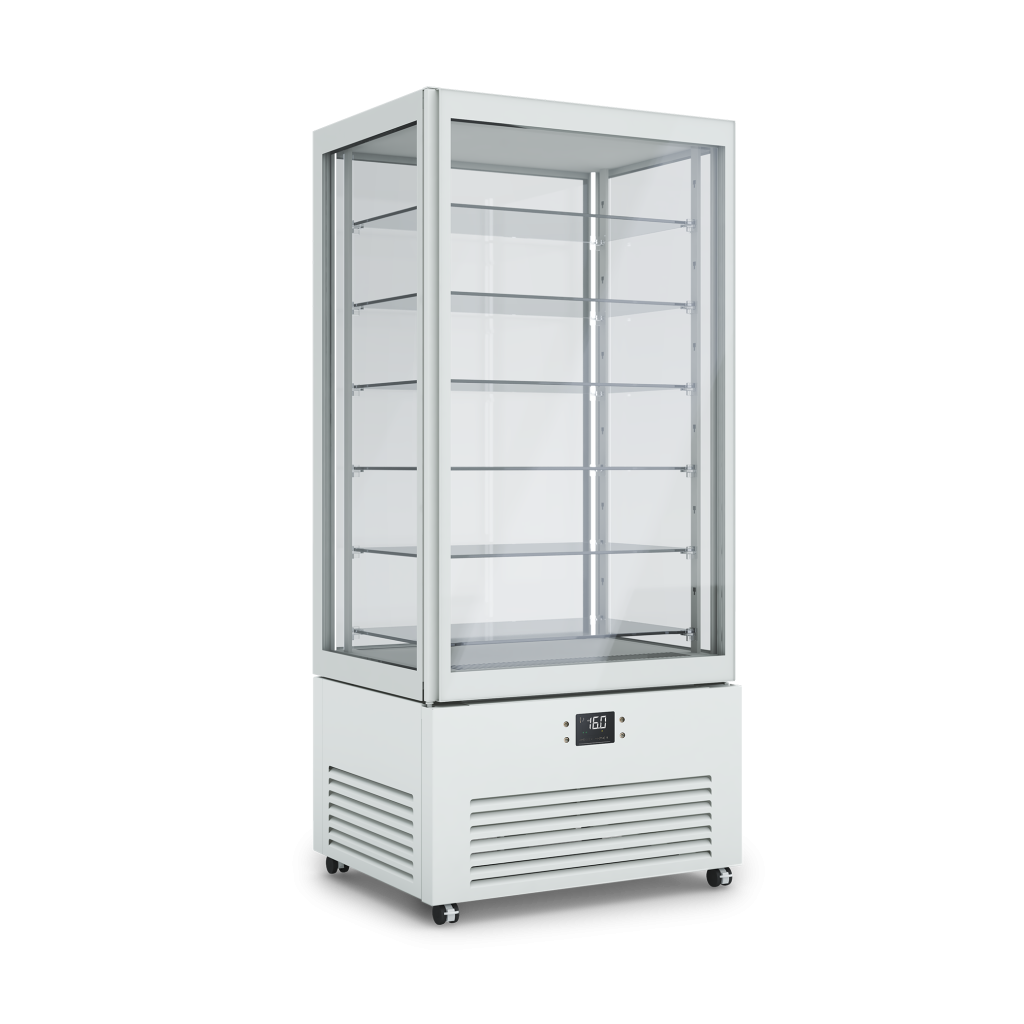 Vetrina refrigerata professionale K2 4MODE con quattro modalità selezionabili: pasticceria, pralineria, vino e gastronomia – design elegante e tecnologia PRIMA. Dimensioni 900x700x1980h RAL7044 GESSO