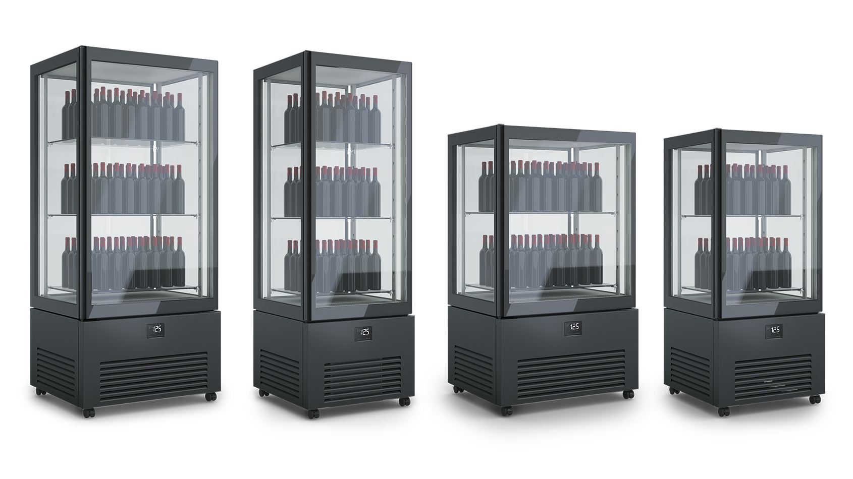 Verticale refrigerato K2 in quattro dimensioni, colore nero RAL 9005, con funzionalità vini.